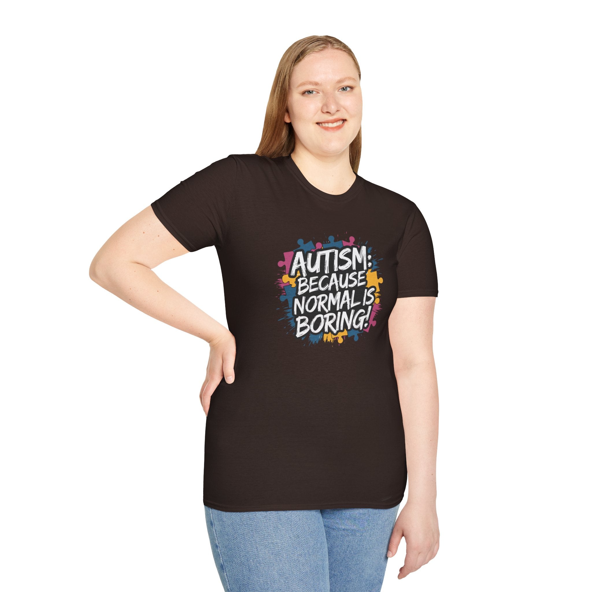Autism Because Normal Is Boring T-Shirt — Colorful Puzzle Piece Awareness Tee