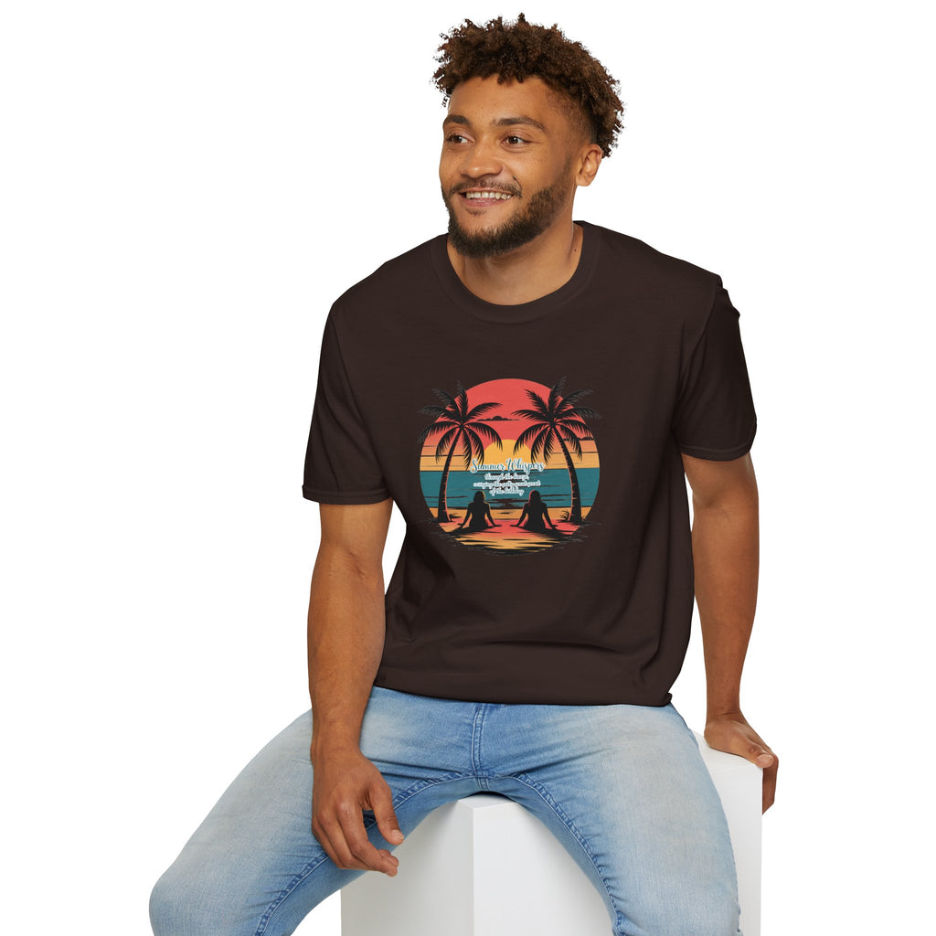 Beach Sunset T-Shirt — Couples Silhouette Palm Tree Graphic Tee (Vintage Rainbow Stripes)