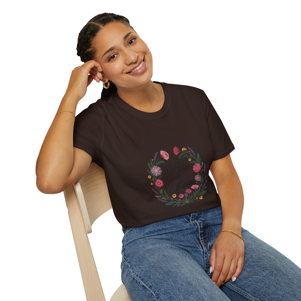 Bloom Where You’re Planted Floral T‑Shirt — Inspirational Garden Quote Tee