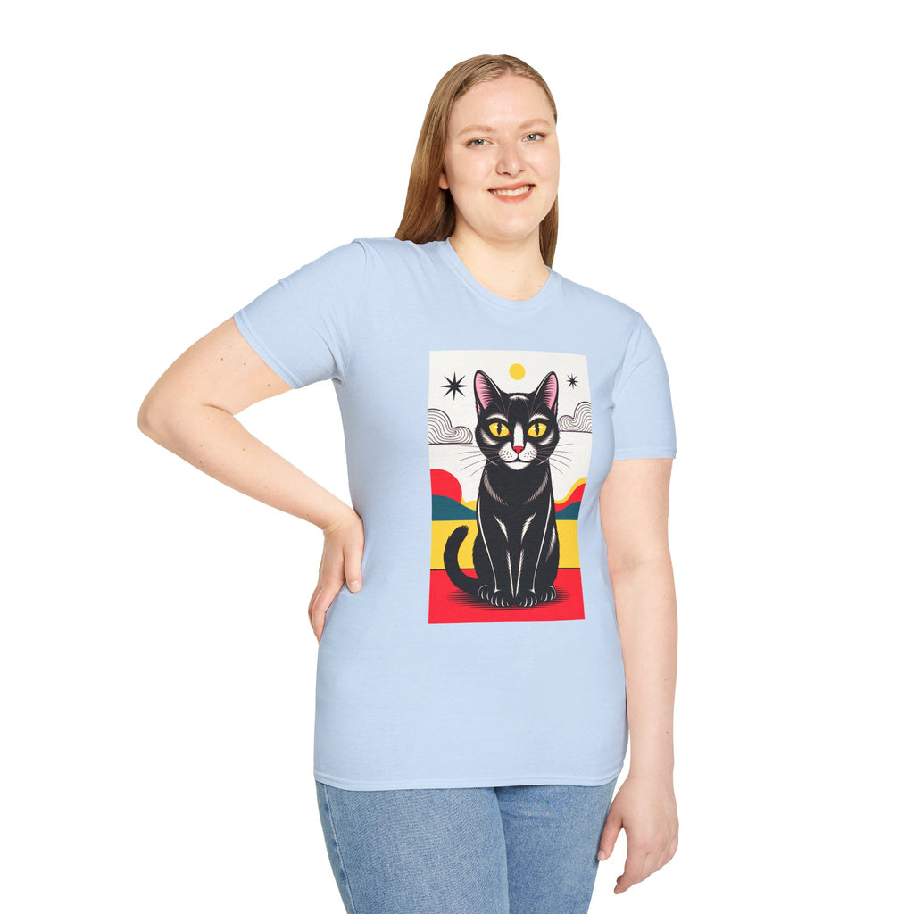 Black Cat Graphic T-Shirt — Retro Sunset Cat Illustration