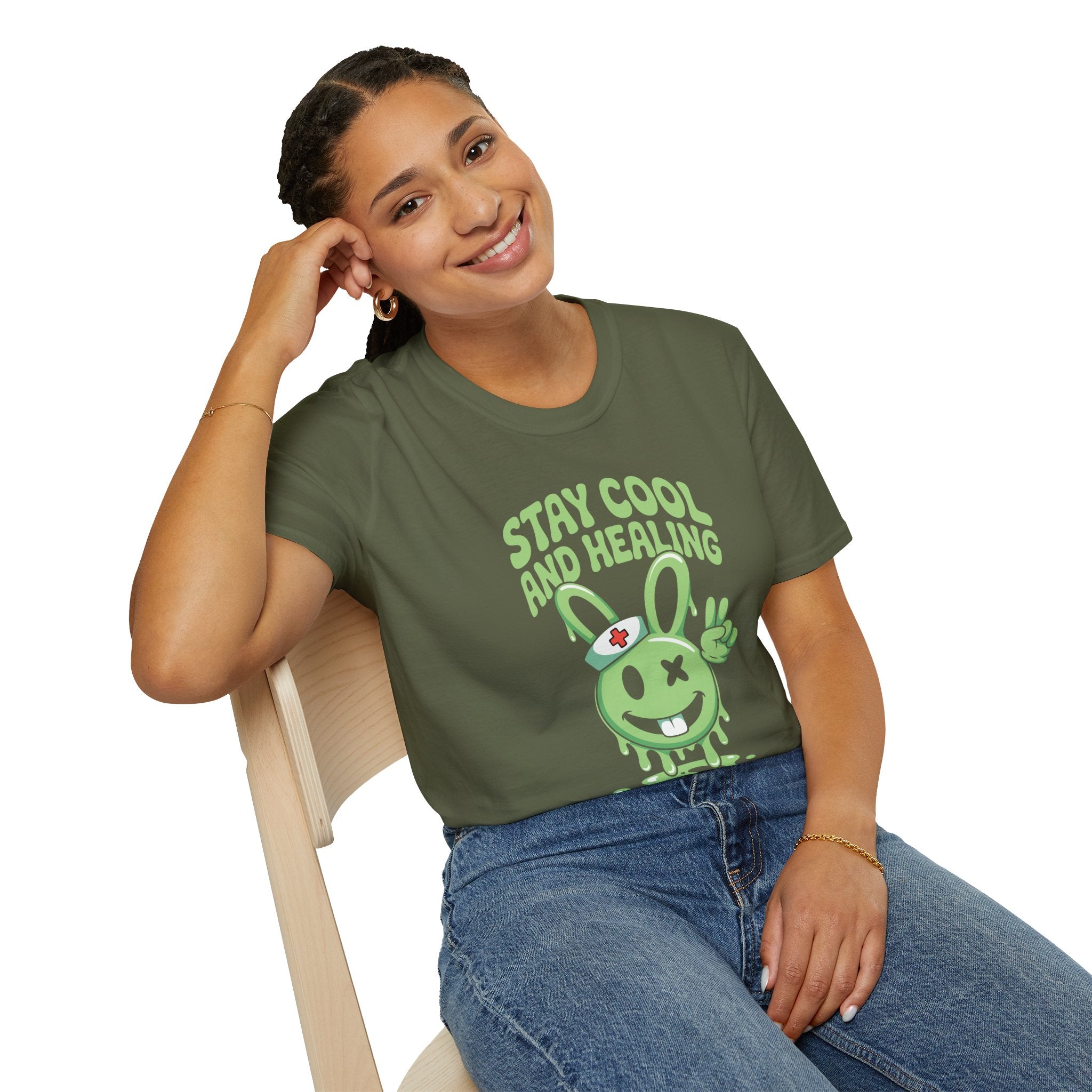 Stay Cool and Healing Graphic T-Shirt — Cute Green Bunny Peace Tee