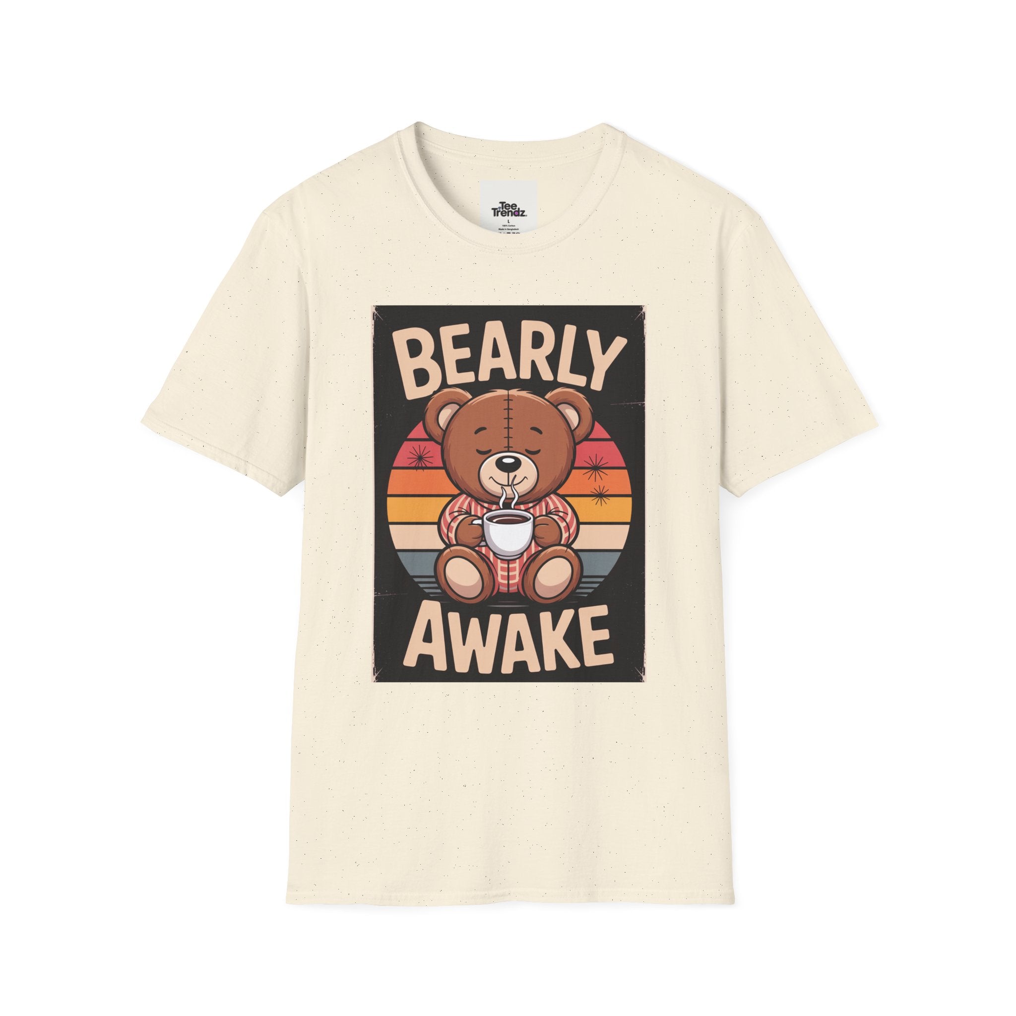 Bearly Awake T‑Shirt — Cute Coffee Bear Vintage Sunset Tee