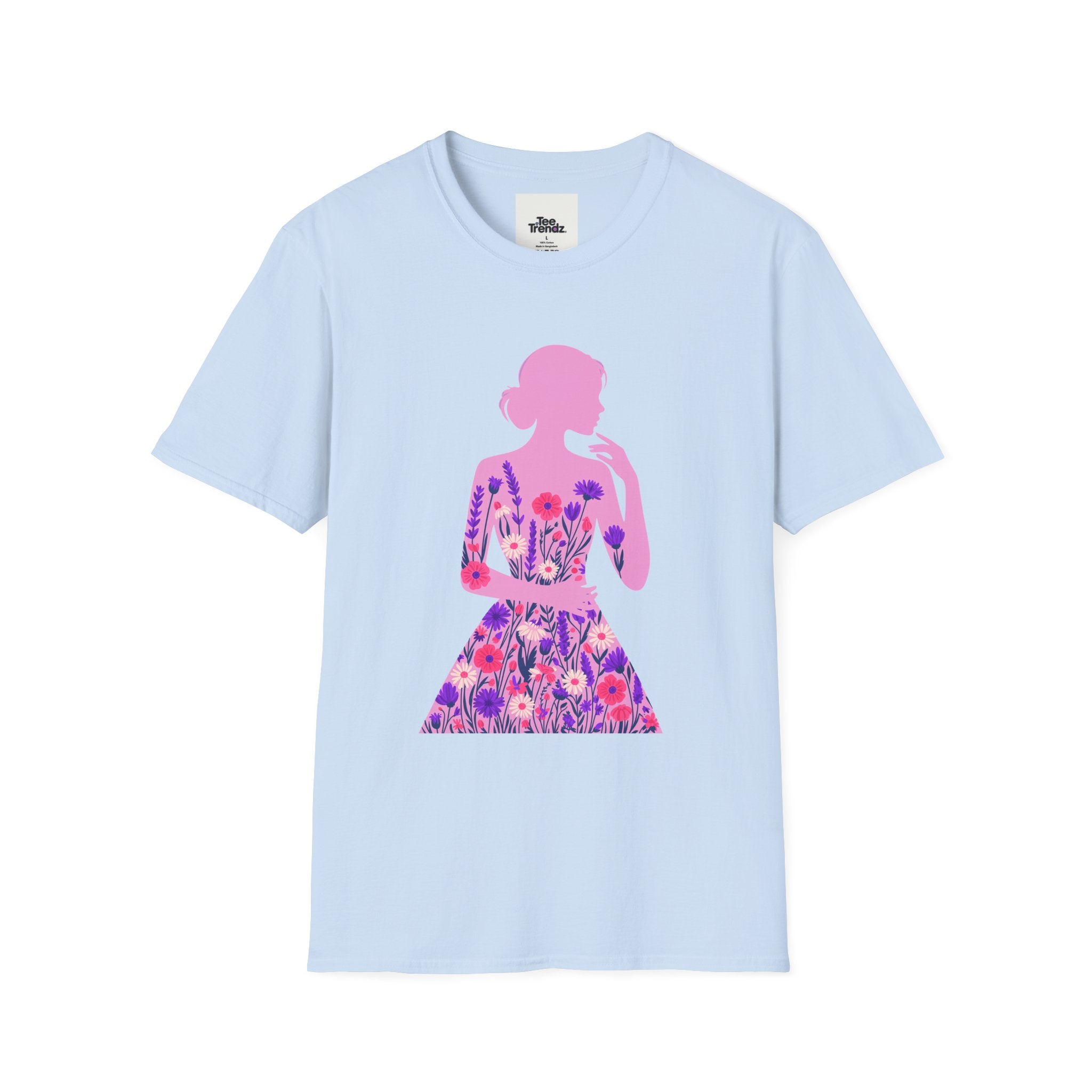 Floral Silhouette Tee — Pink Woman Dress Flower Graphic T-Shirt
