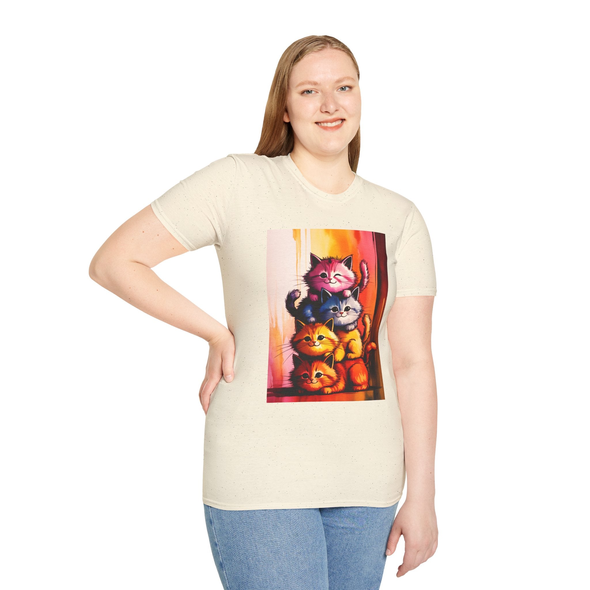 Colorful Stacked Cats T-Shirt — Playful Cute Cat Art Tee