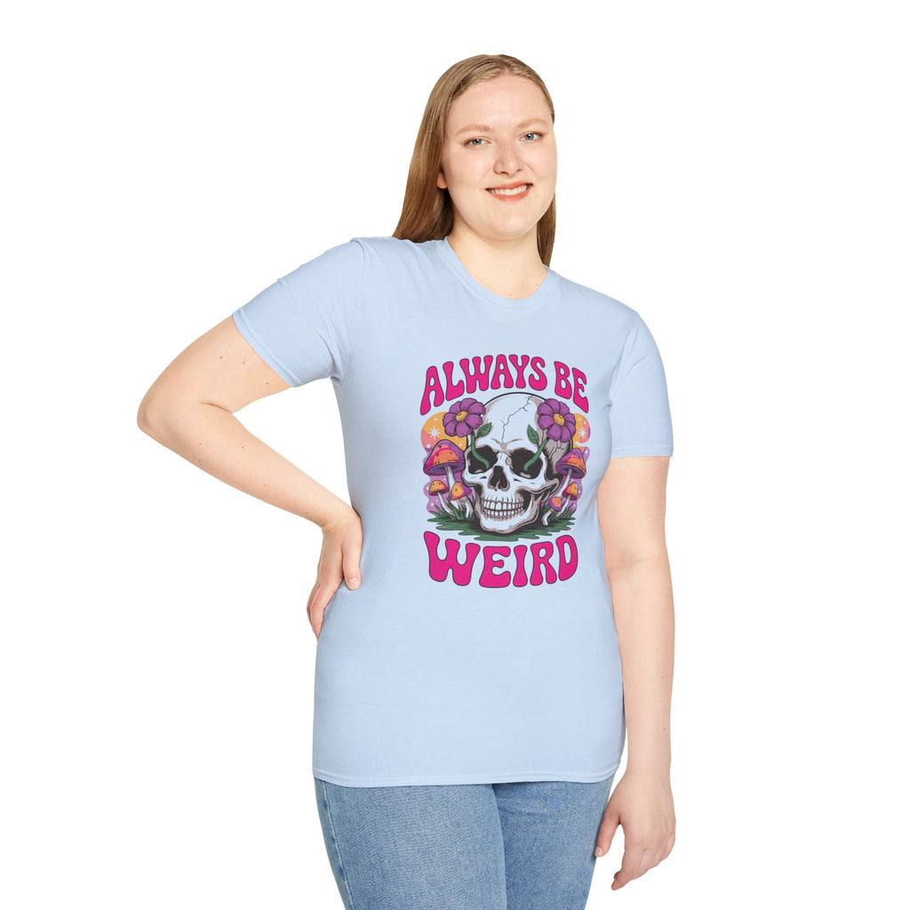 Skull & Mushrooms T-Shirt — "Always Be Weird" Retro Graphic Tee