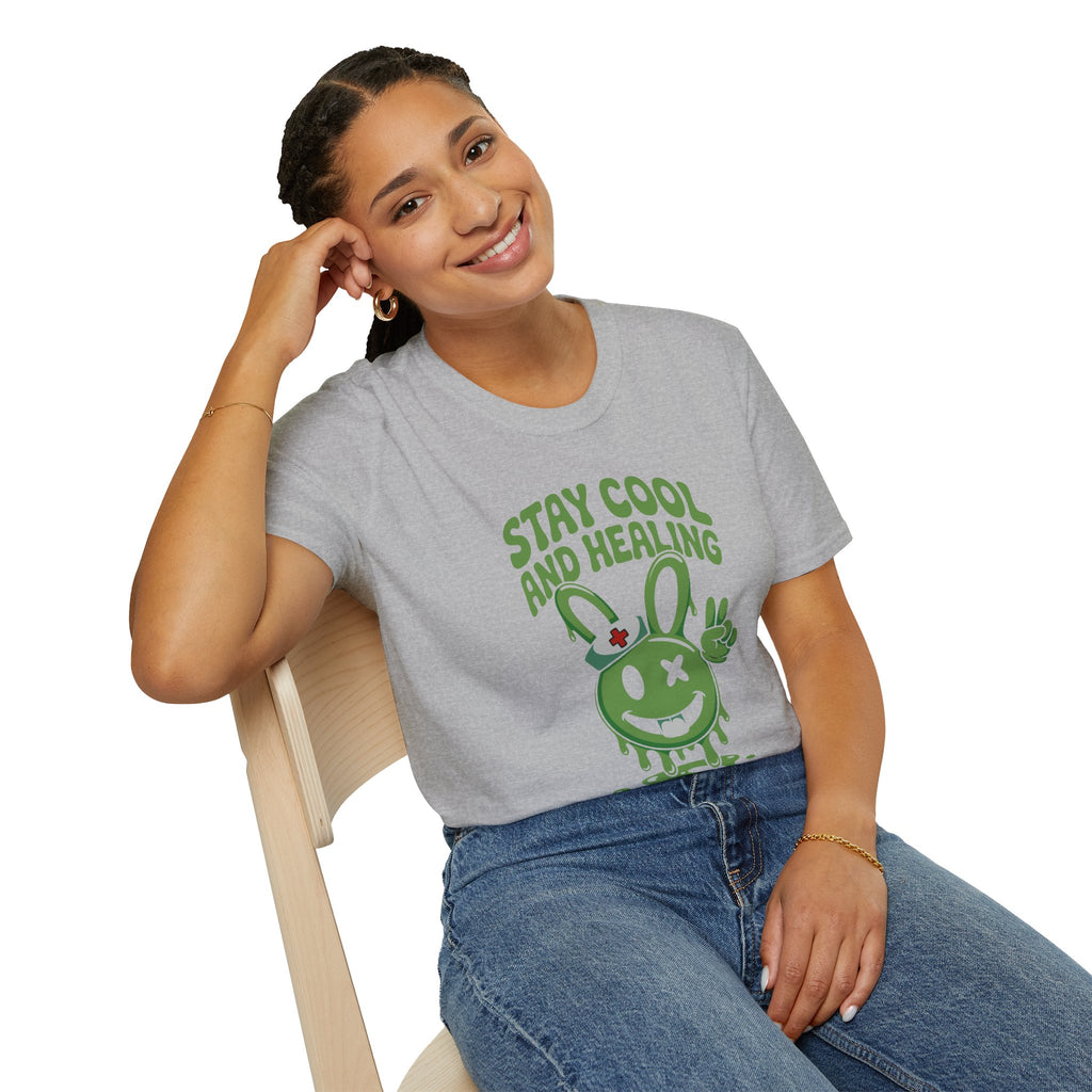 Stay Cool and Healing Graphic T-Shirt — Cute Green Bunny Peace Tee