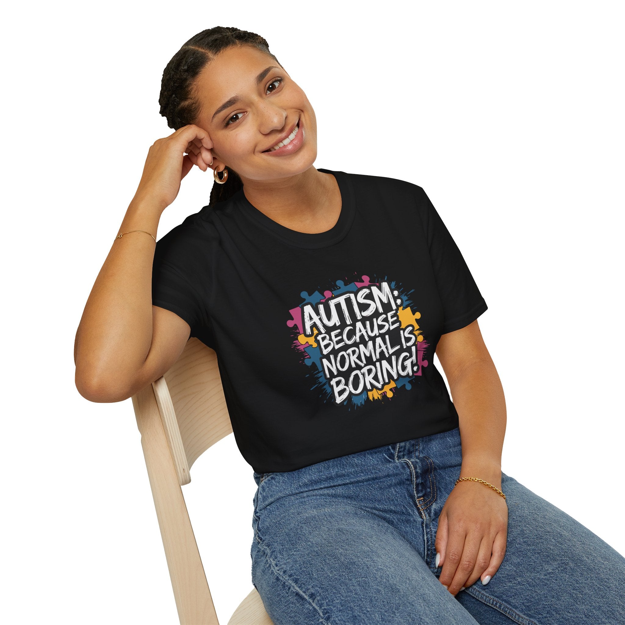 Autism Because Normal Is Boring T-Shirt — Colorful Puzzle Piece Awareness Tee
