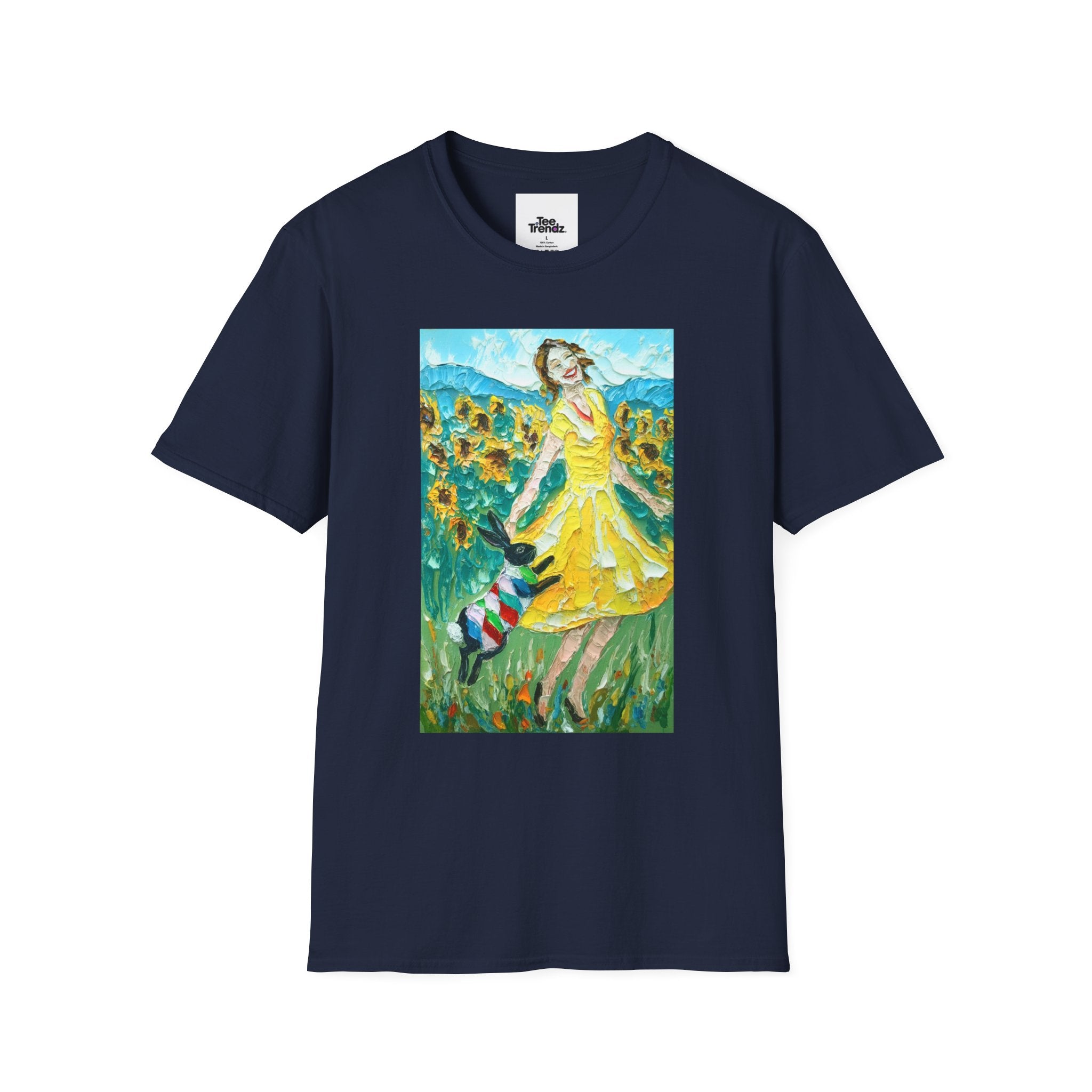 Sunflower Field Dress T-Shirt — Whimsical Girl & Dog Art Tee