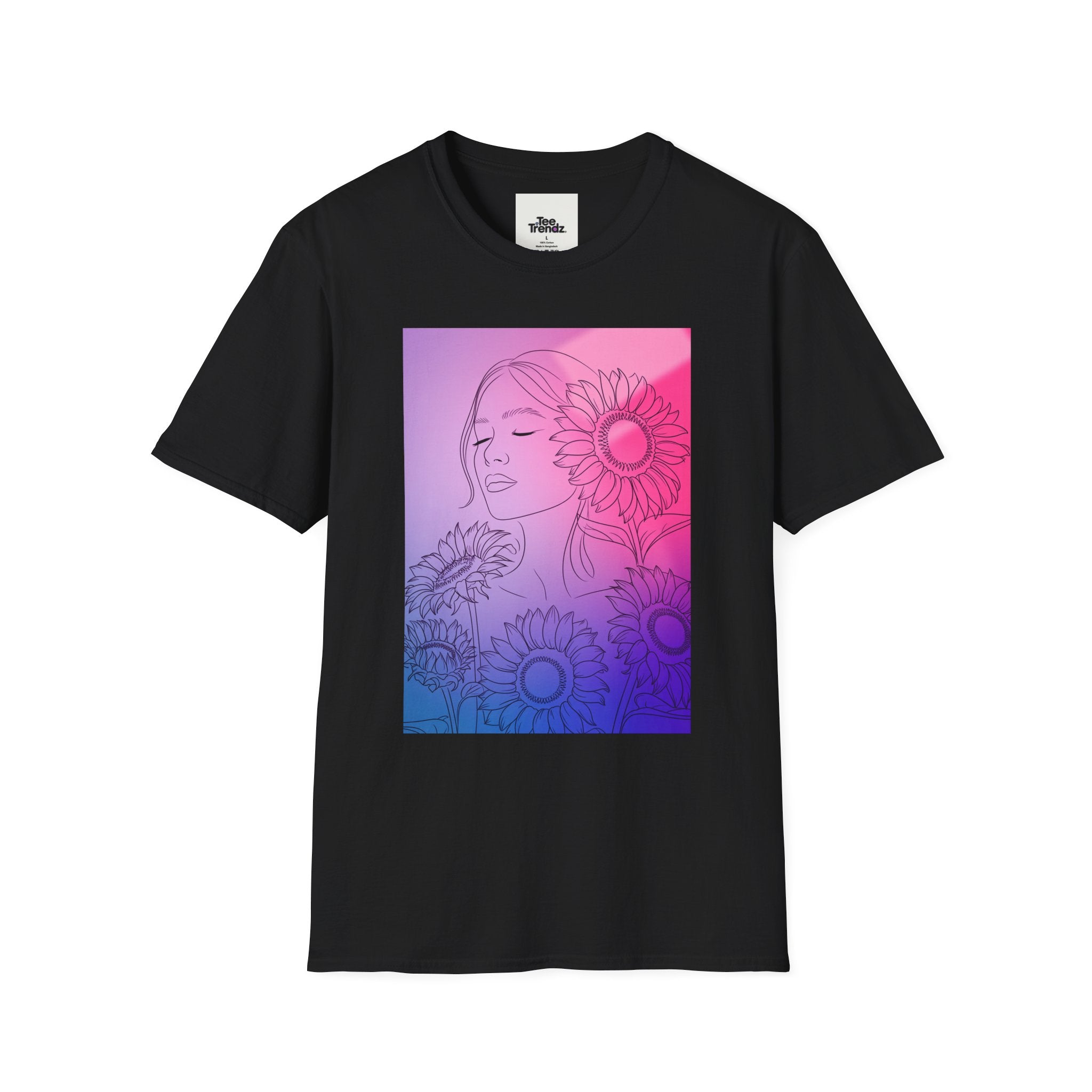 Floral Muse Tee — Pink to Blue Gradient Sunflower Portrait T-Shirt