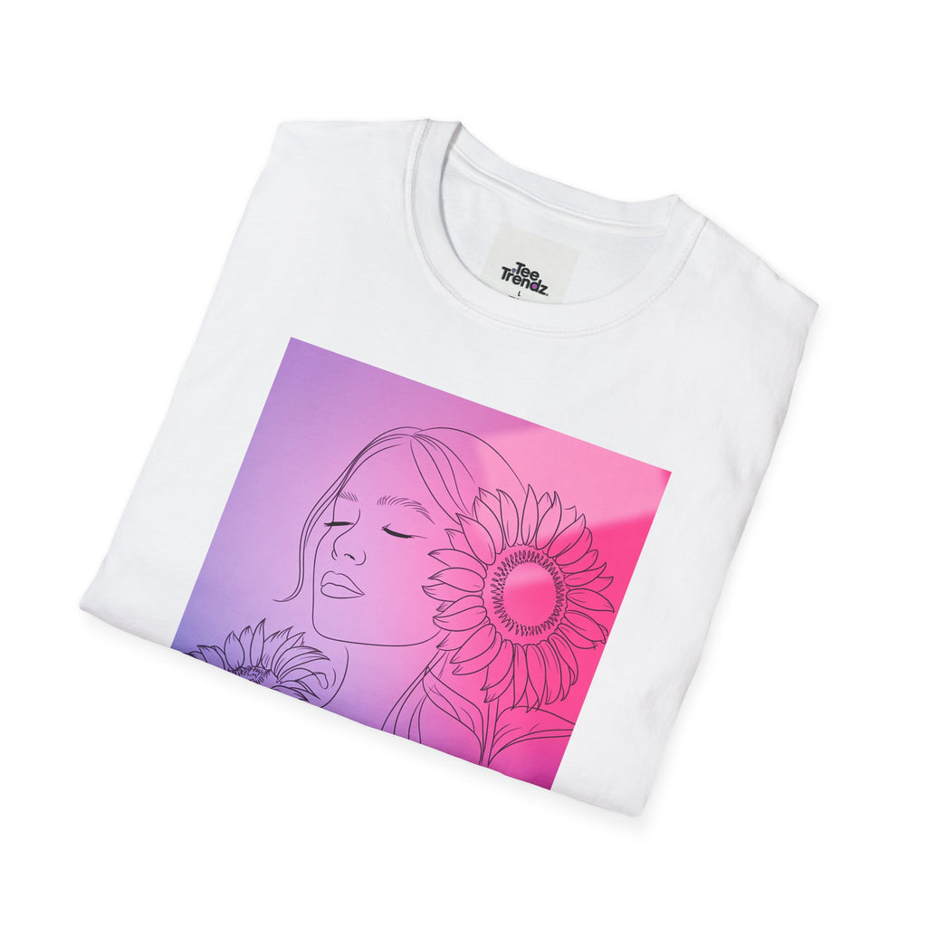 Floral Muse Tee — Pink to Blue Gradient Sunflower Portrait T-Shirt
