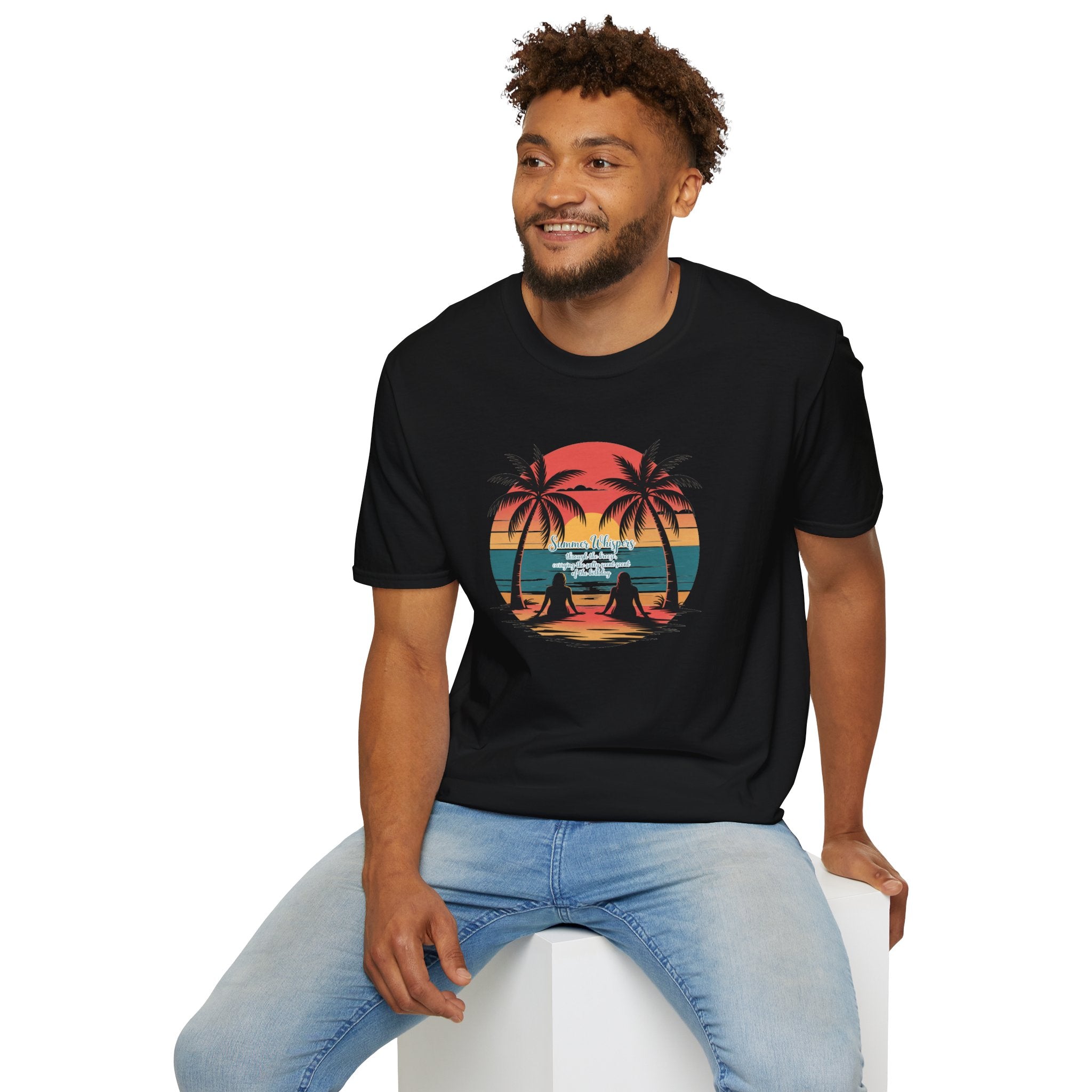 Beach Sunset T-Shirt — Couples Silhouette Palm Tree Graphic Tee (Vintage Rainbow Stripes)