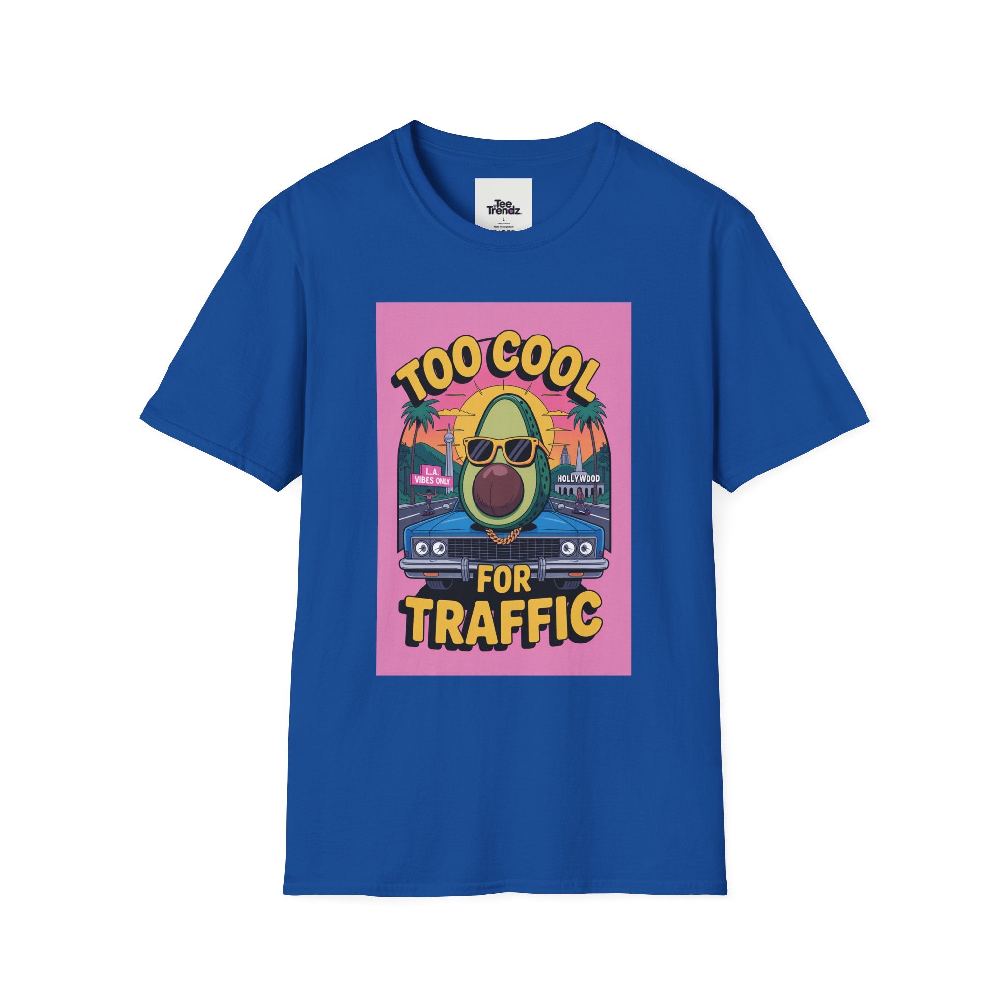 Too Cool for Traffic Avocado Tee — Retro Beach Car Graphic T-Shirt