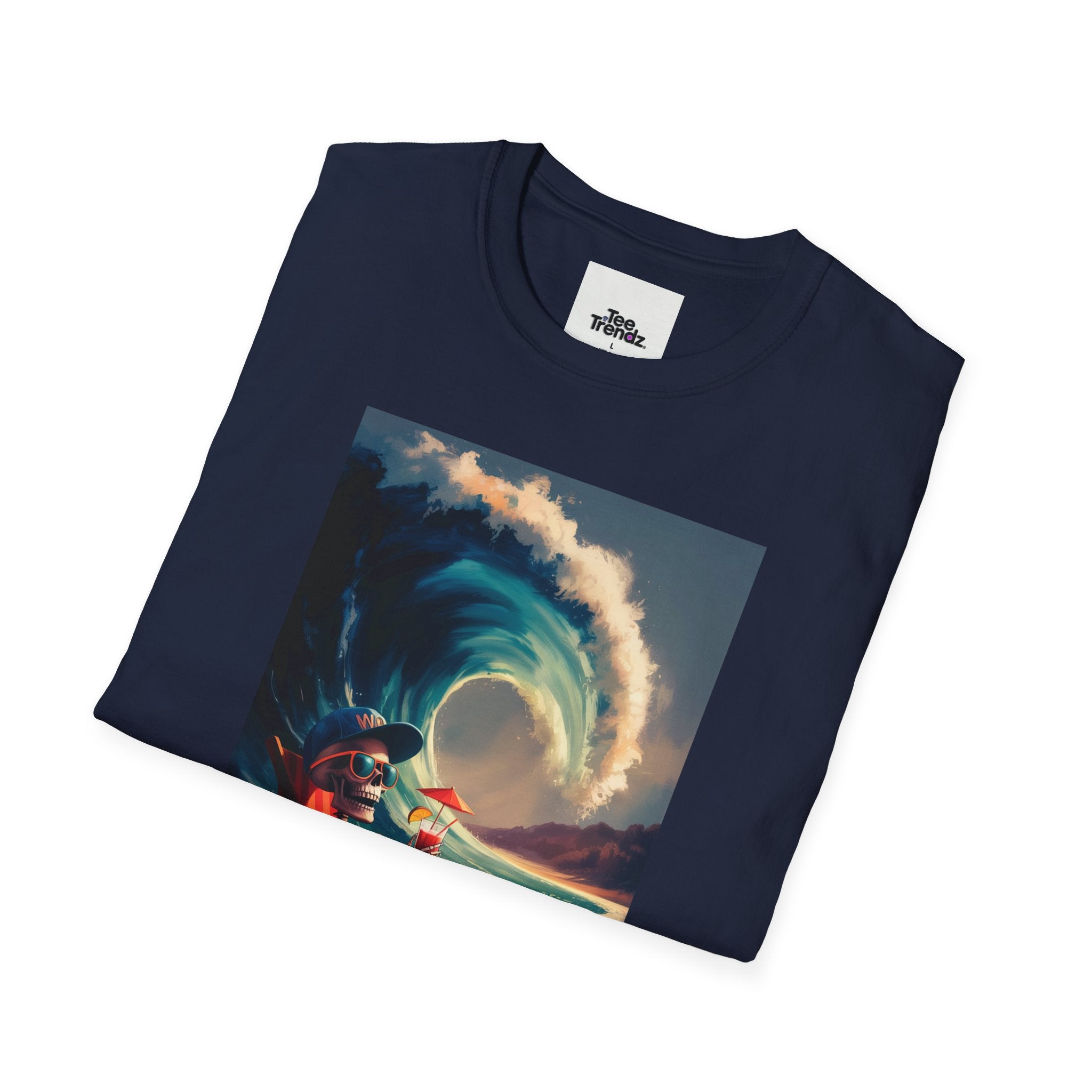 T-Shirt - Retro Beach Surf Scene with Giant Wave and Relaxing Skeleton (Vintage Coastal Vibe)