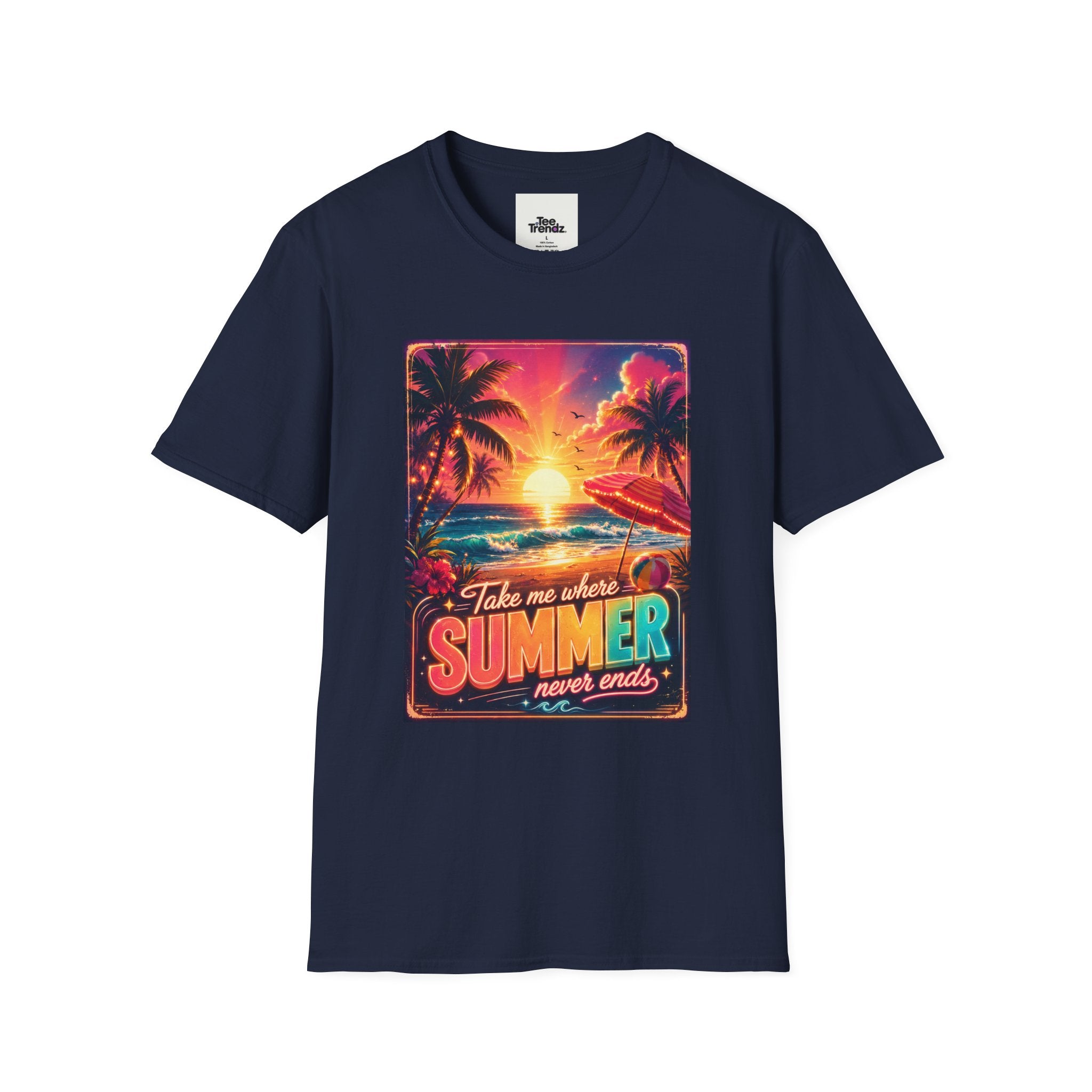 Summer Never Ends T-Shirt — Retro Tropical Sunset Beach Tee