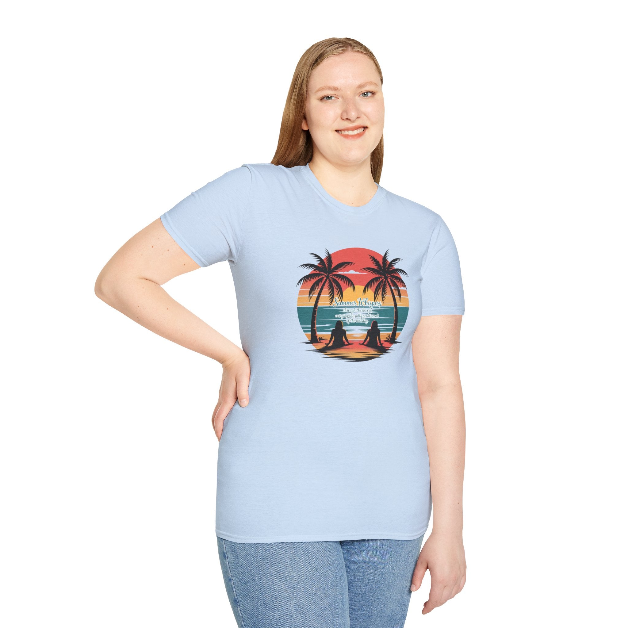 Beach Sunset T-Shirt — Couples Silhouette Palm Tree Graphic Tee (Vintage Rainbow Stripes)