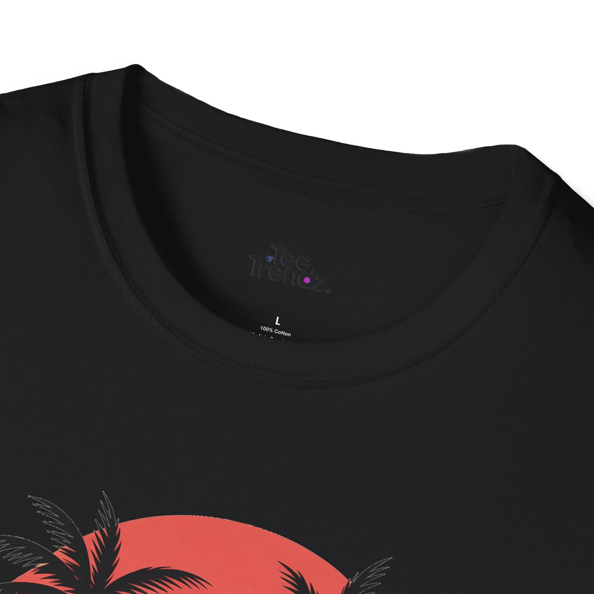 Beach Sunset T-Shirt — Couples Silhouette Palm Tree Graphic Tee (Vintage Rainbow Stripes)