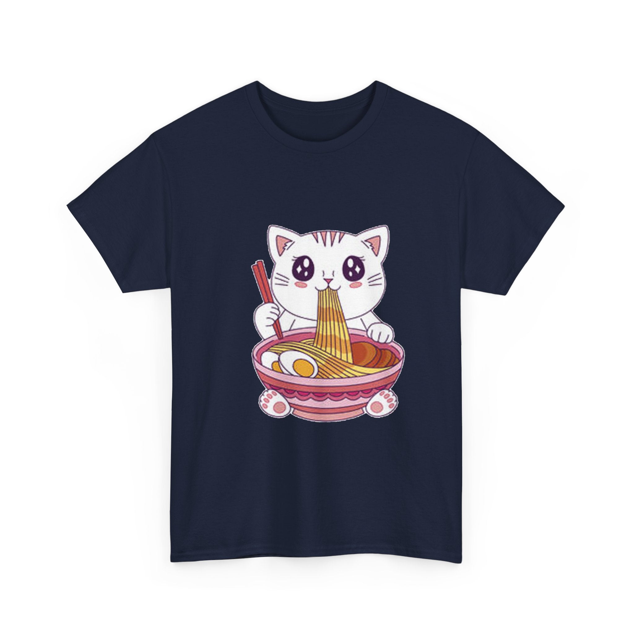 Cute Cat Ramen Tee – Kawaii Kitty Eating Noodles Graphic Shirt