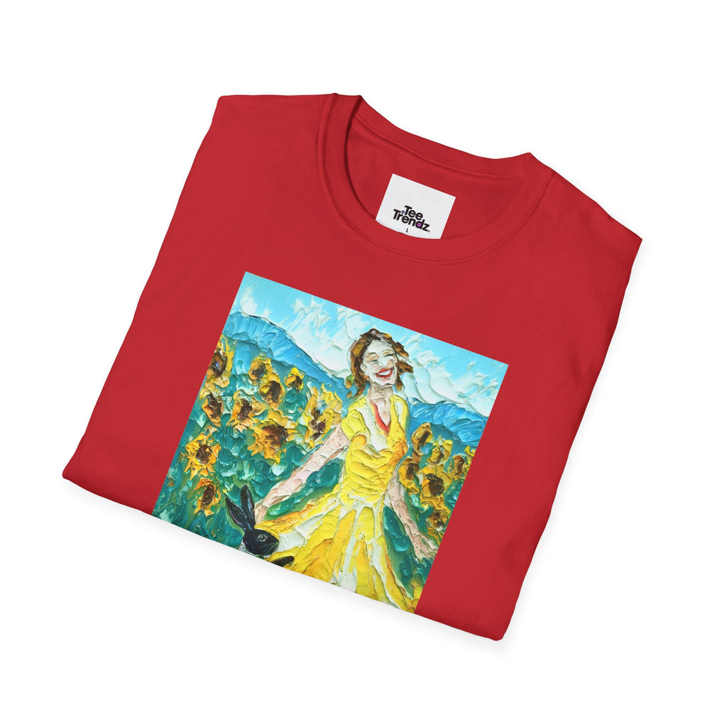Sunflower Field Dress T-Shirt — Whimsical Girl & Dog Art Tee
