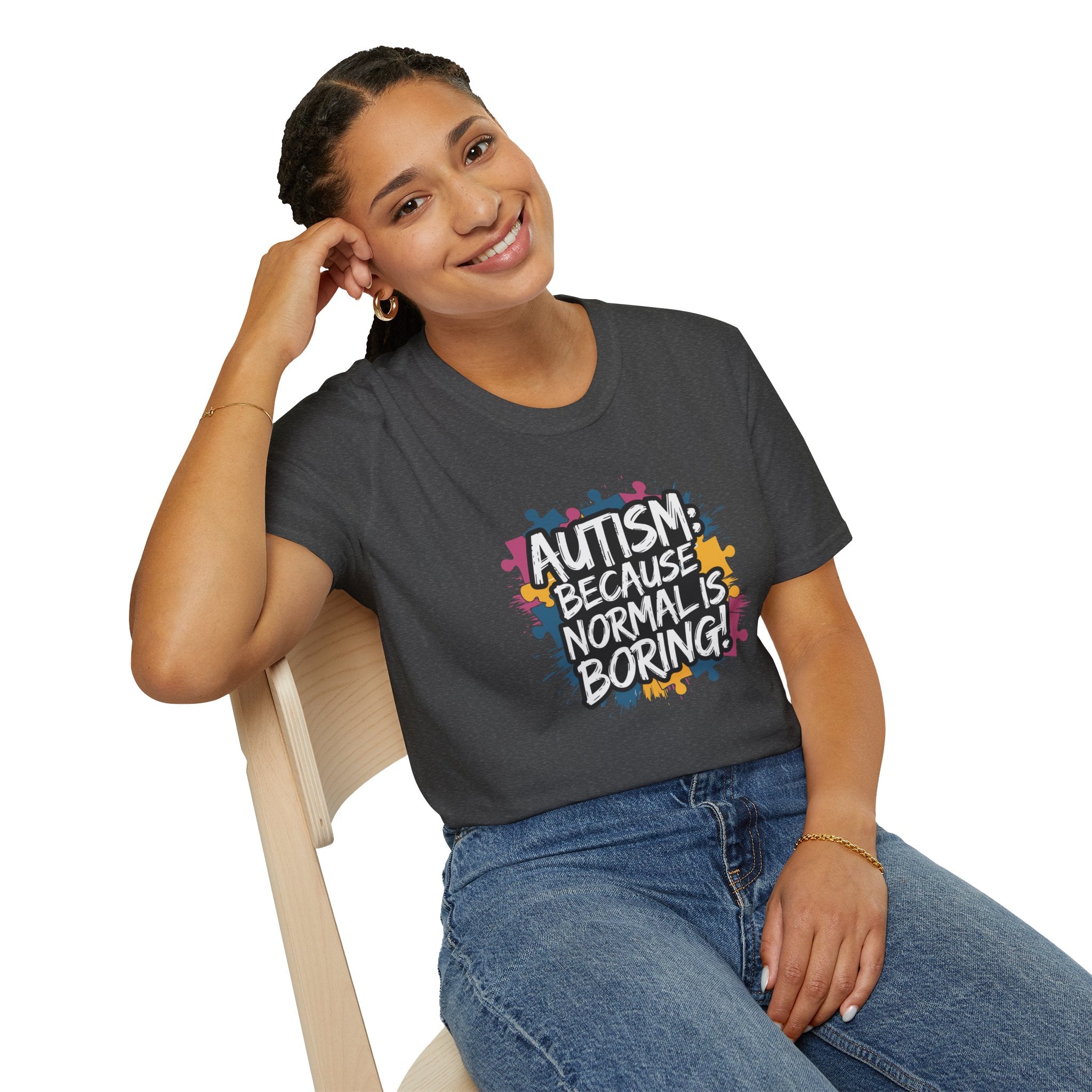 Autism Because Normal Is Boring T-Shirt — Colorful Puzzle Piece Awareness Tee