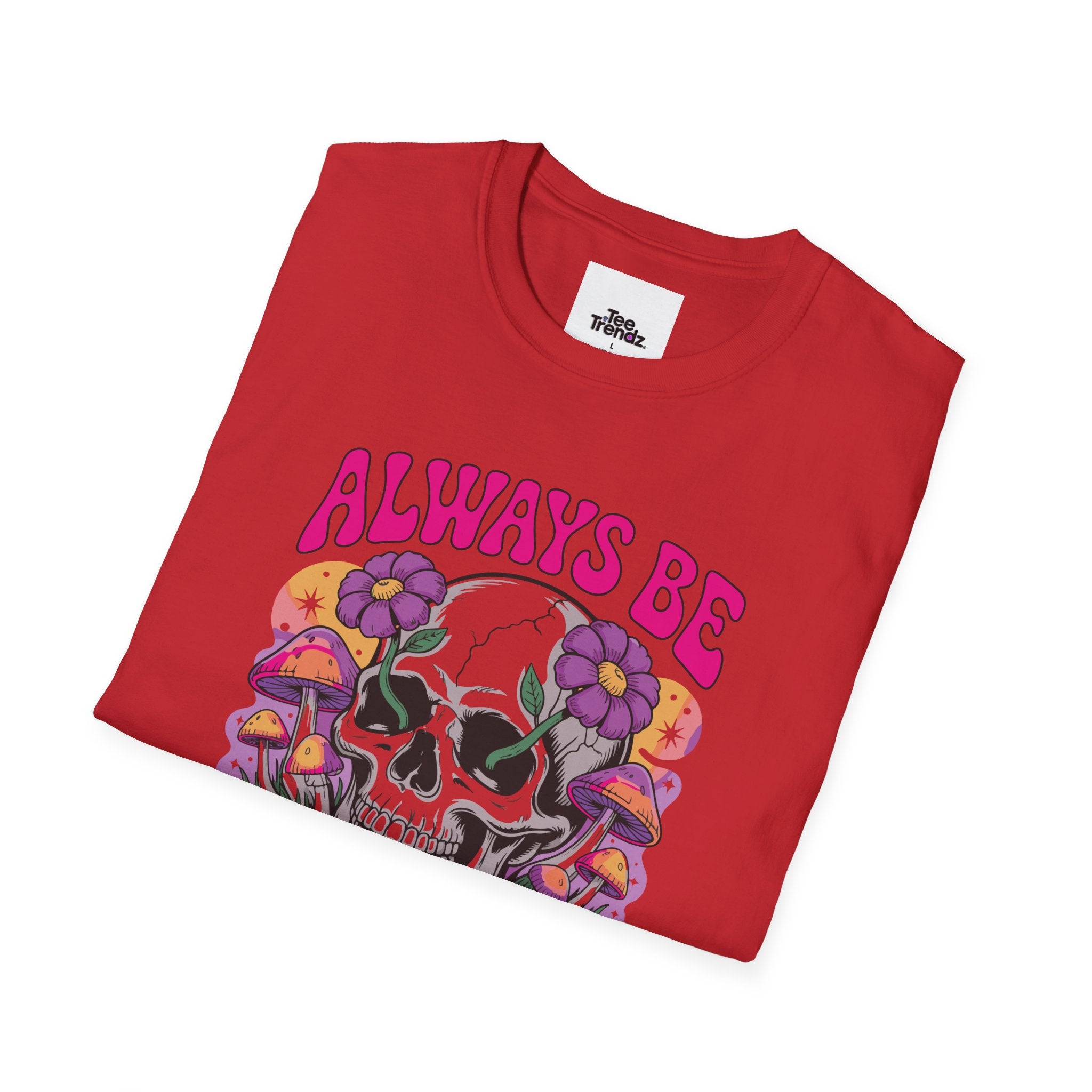 Skull & Mushrooms T-Shirt — "Always Be Weird" Retro Graphic Tee