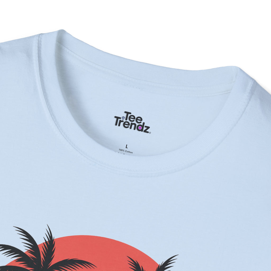 Beach Sunset T-Shirt — Couples Silhouette Palm Tree Graphic Tee (Vintage Rainbow Stripes)
