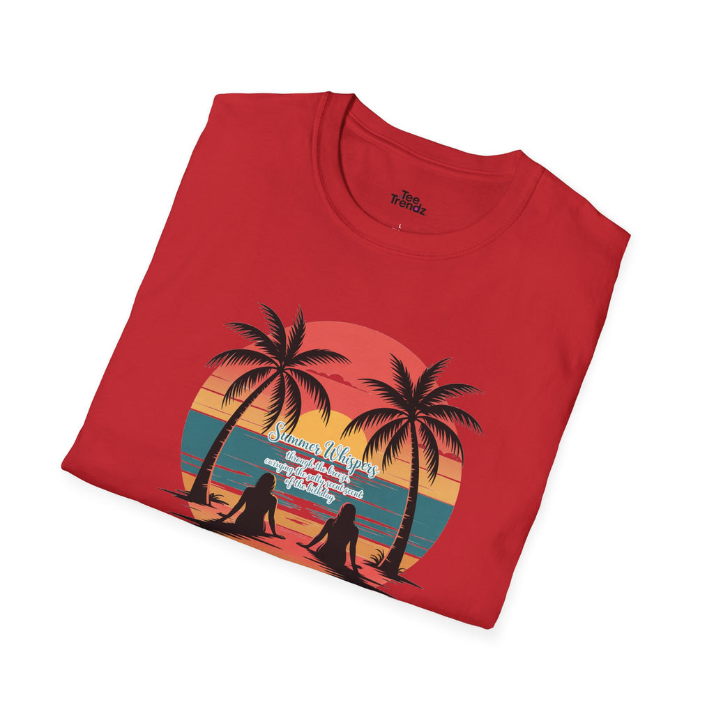 Beach Sunset T-Shirt — Couples Silhouette Palm Tree Graphic Tee (Vintage Rainbow Stripes)