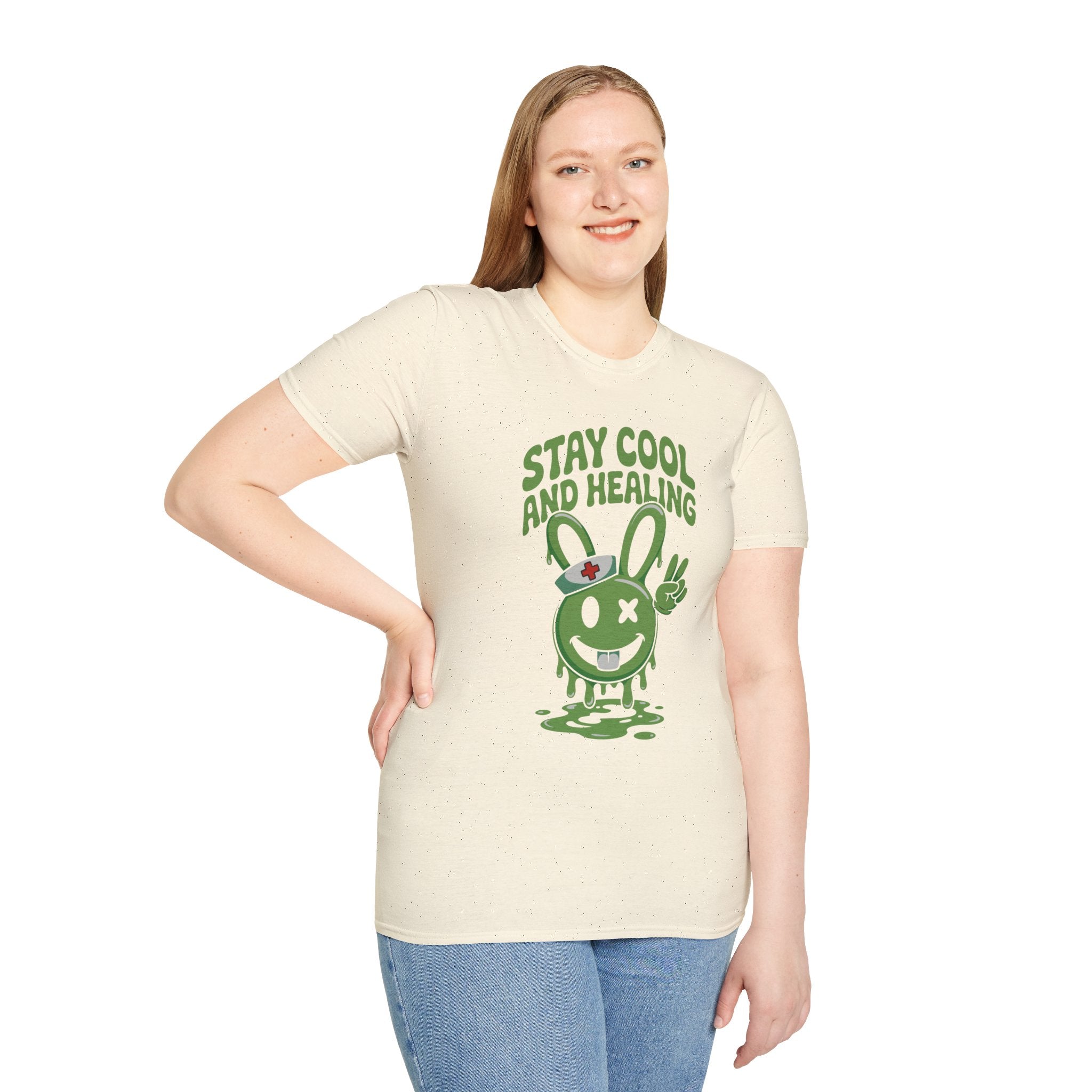 Stay Cool and Healing Graphic T-Shirt — Cute Green Bunny Peace Tee