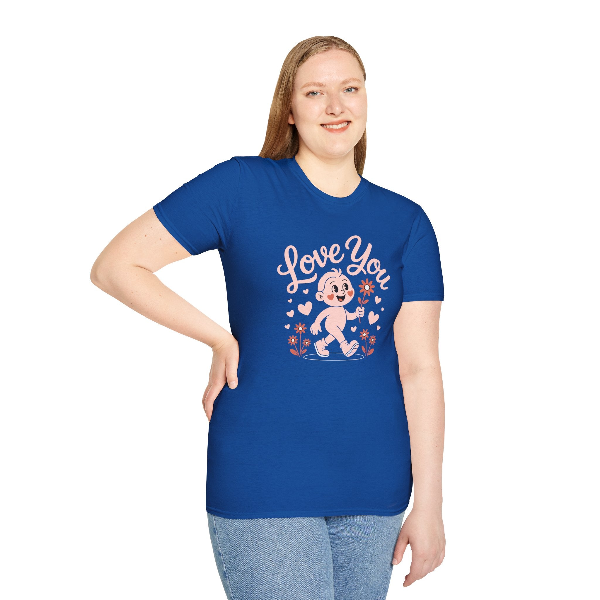 Love You Cute Character T-Shirt — Retro Pink Heart Cartoon Graphic Tee for Valentine’s Day