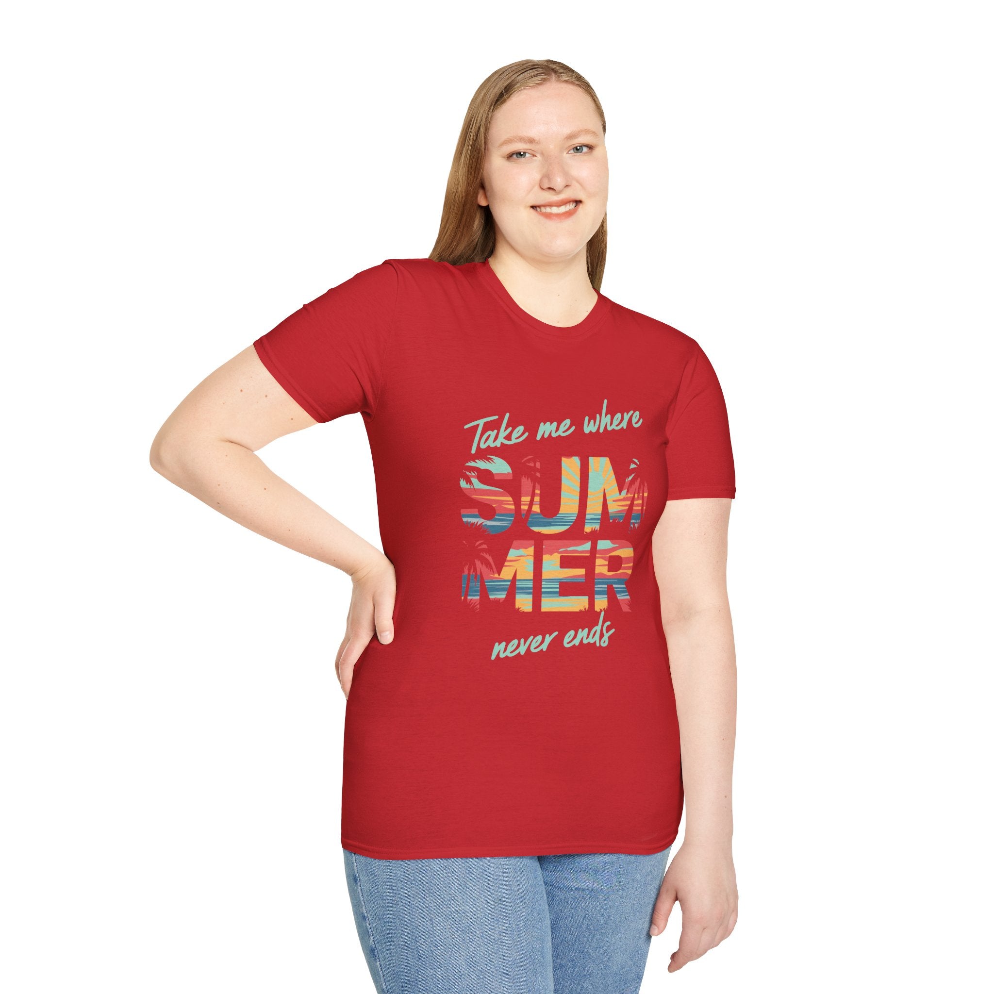 Summer Never Ends T-Shirt — "Take Me Where Summer Never Ends" Beach Vibes Tee