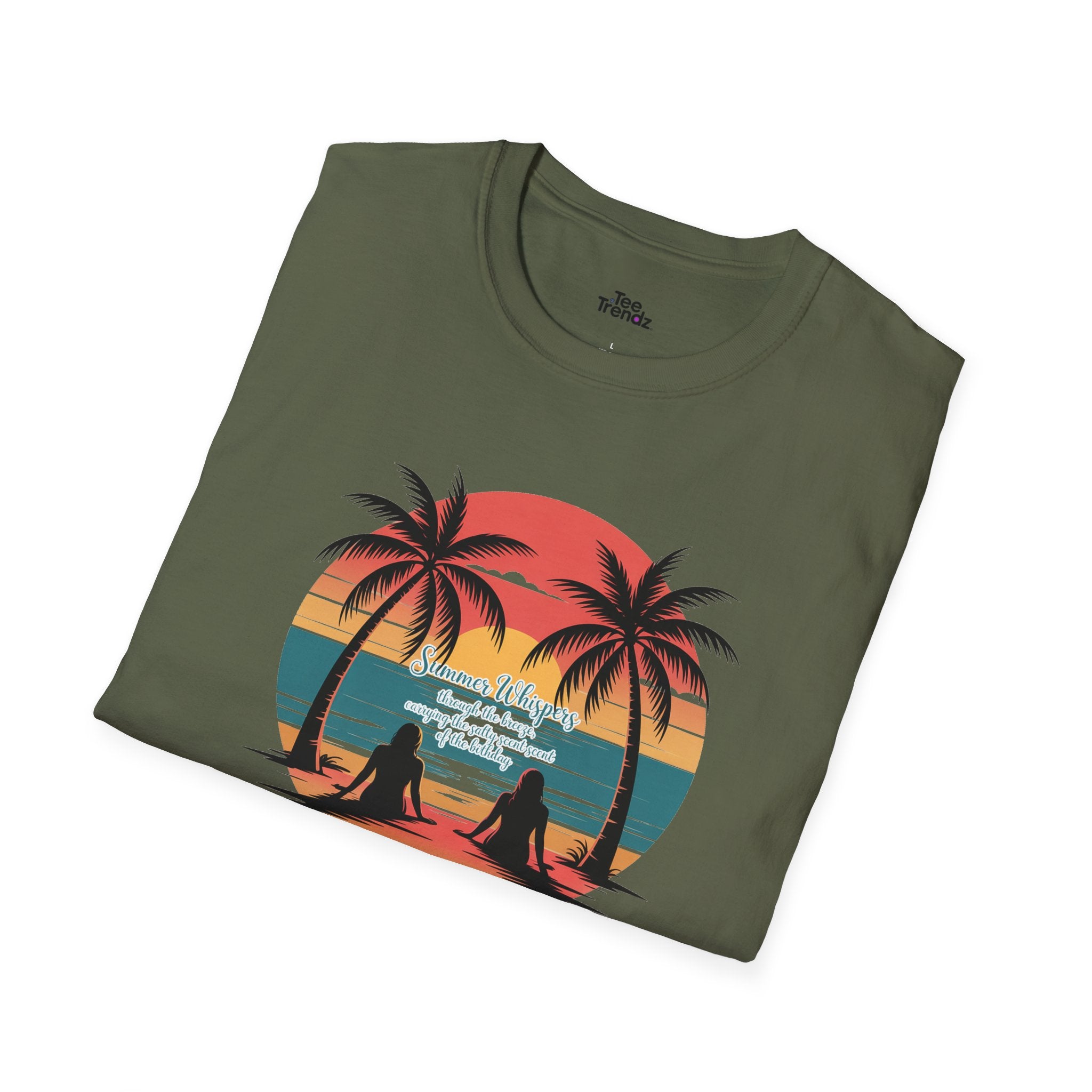 Beach Sunset T-Shirt — Couples Silhouette Palm Tree Graphic Tee (Vintage Rainbow Stripes)