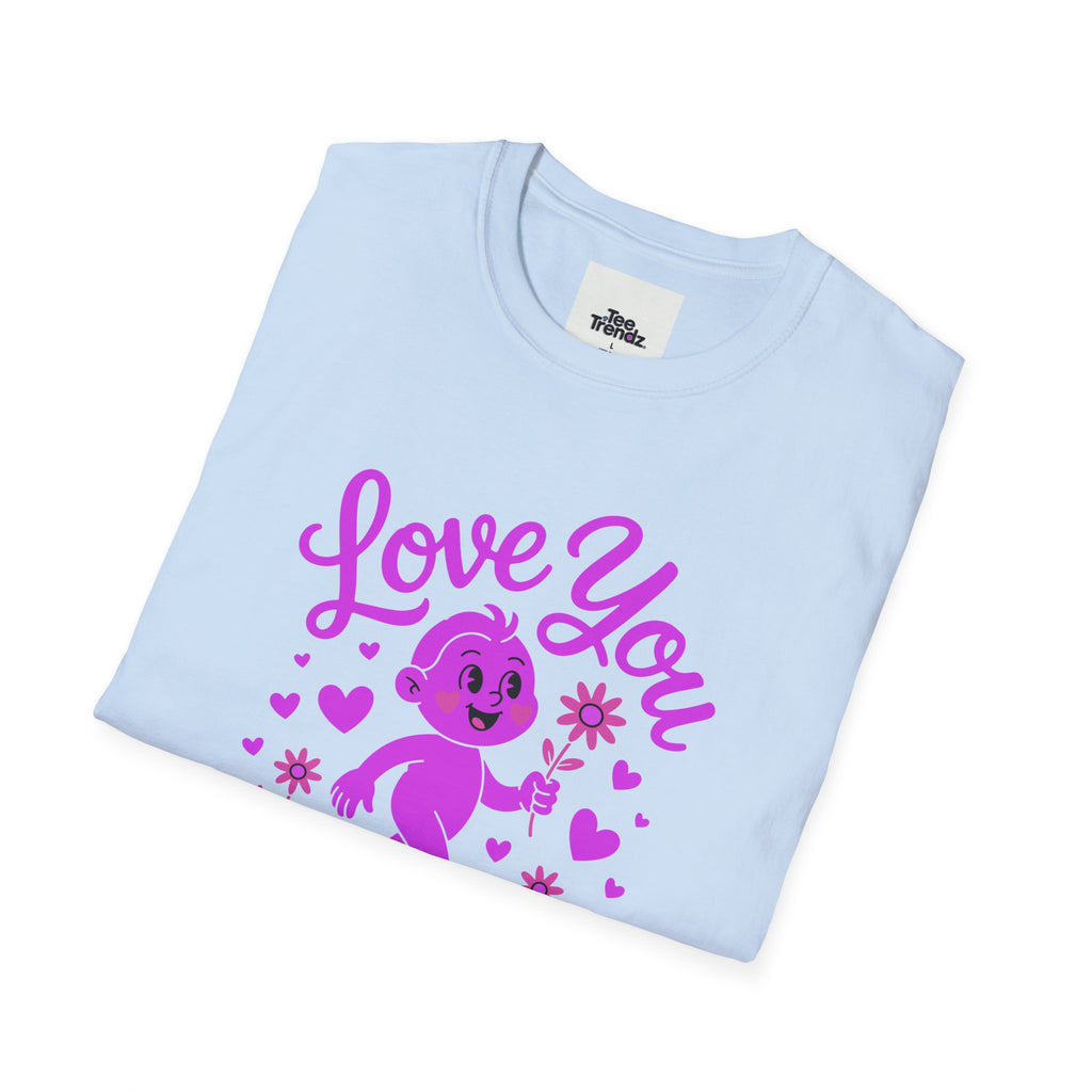 Love You Cute Character T-Shirt — Retro Pink Heart Cartoon Graphic Tee for Valentine’s Day