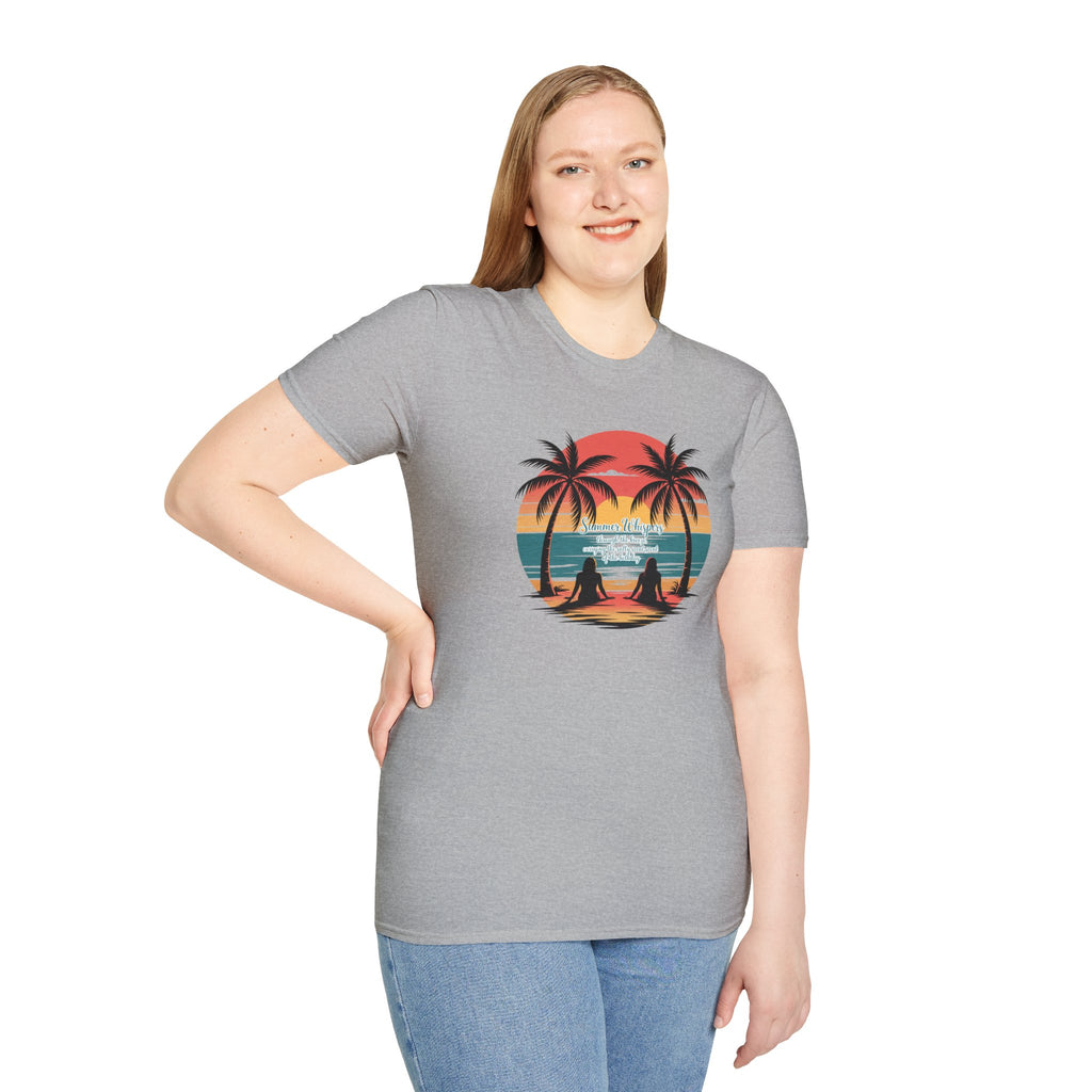 Beach Sunset T-Shirt — Couples Silhouette Palm Tree Graphic Tee (Vintage Rainbow Stripes)