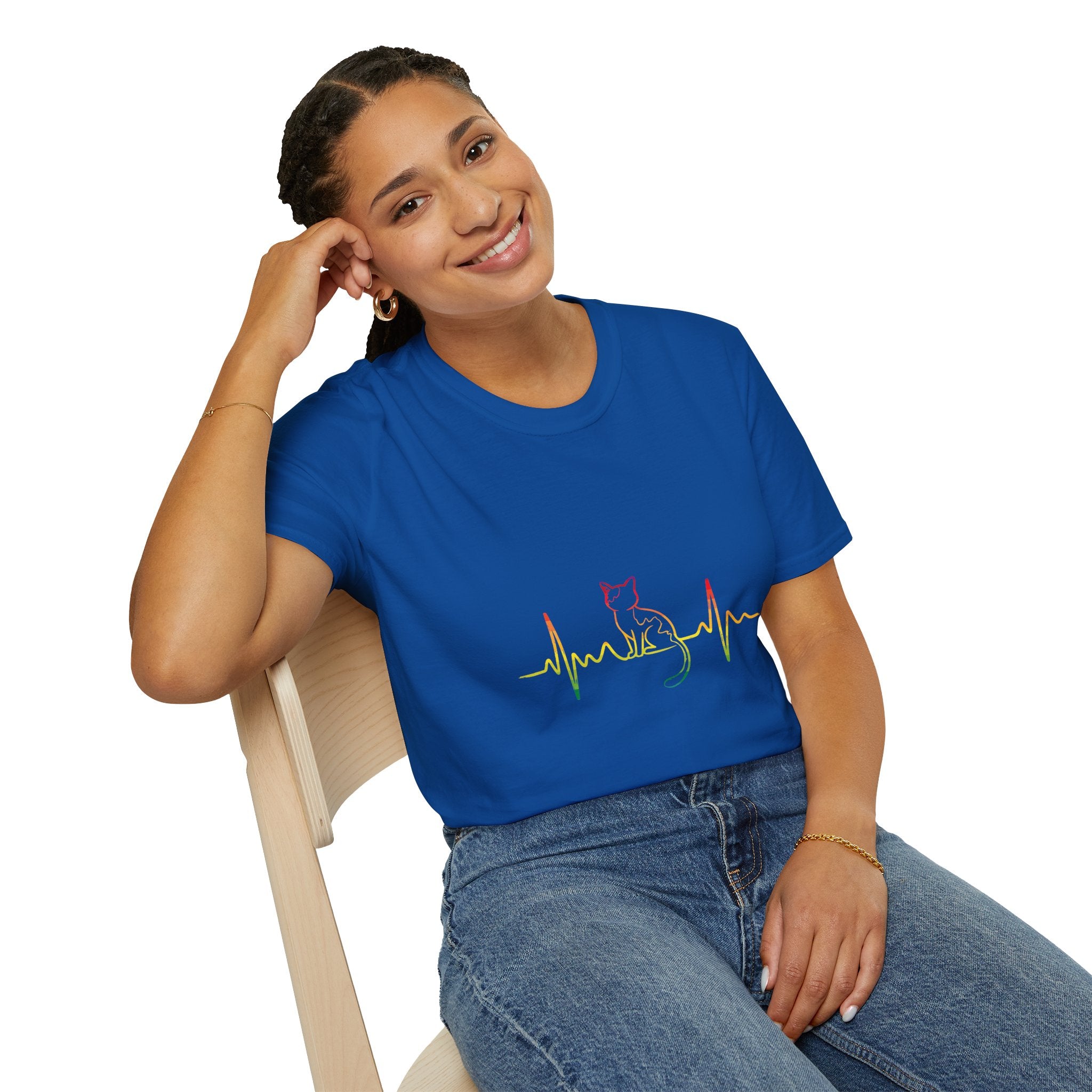 Cat Heartbeat T-Shirt — Rasta Outline Cat EKG Tee