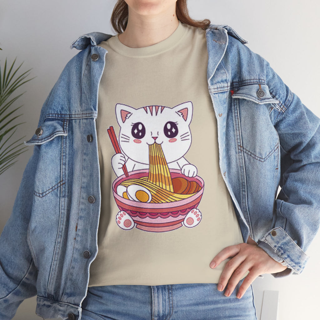 Cute Cat Ramen Tee – Kawaii Kitty Eating Noodles Graphic Shirt