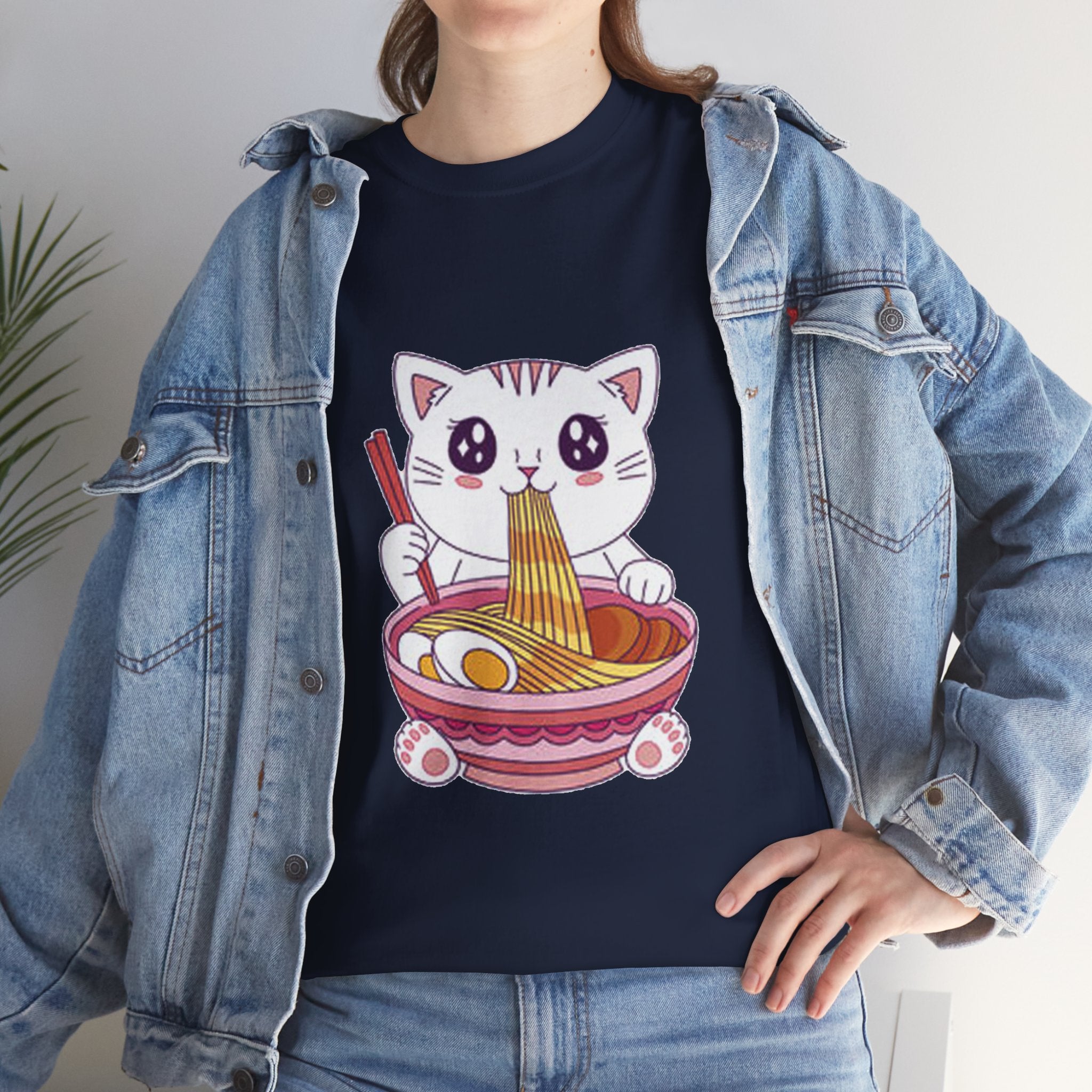 Cute Cat Ramen Tee – Kawaii Kitty Eating Noodles Graphic Shirt