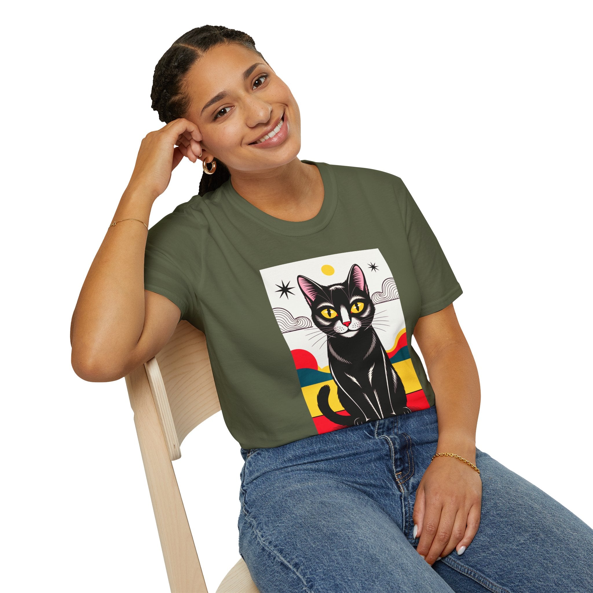 Black Cat Graphic T-Shirt — Retro Sunset Cat Illustration