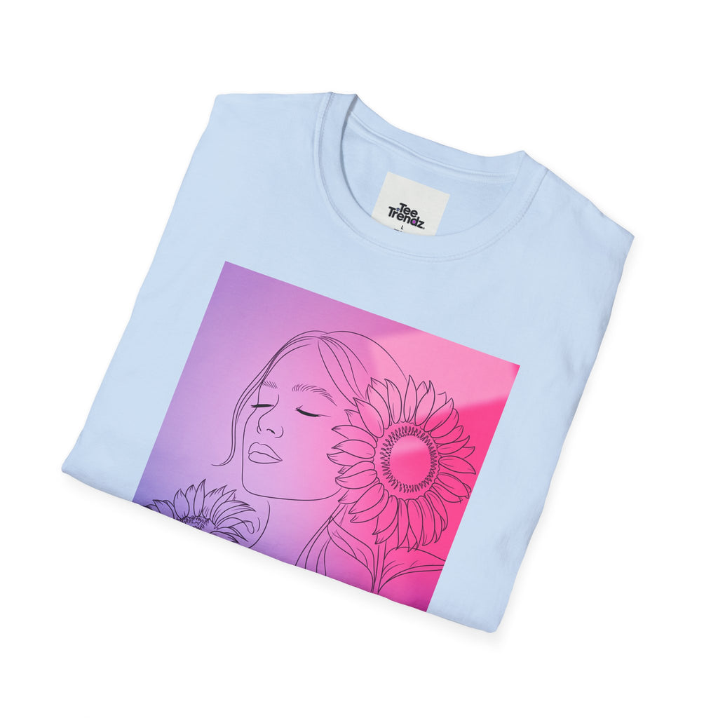 Floral Muse Tee — Pink to Blue Gradient Sunflower Portrait T-Shirt