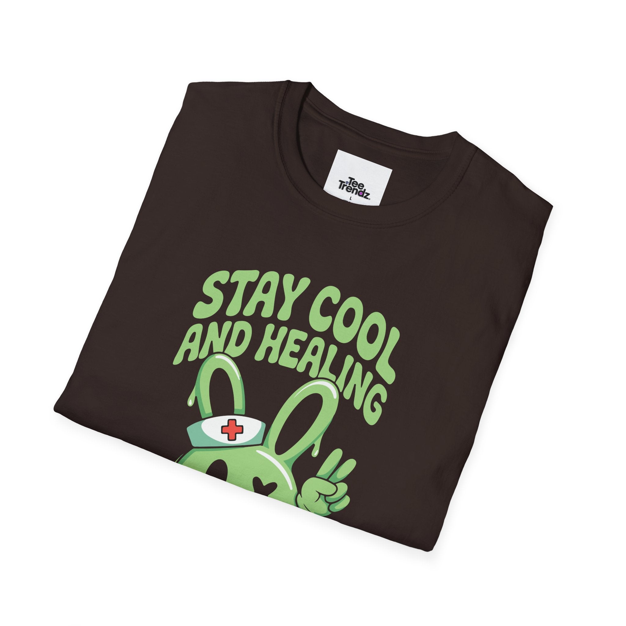 Stay Cool and Healing Graphic T-Shirt — Cute Green Bunny Peace Tee