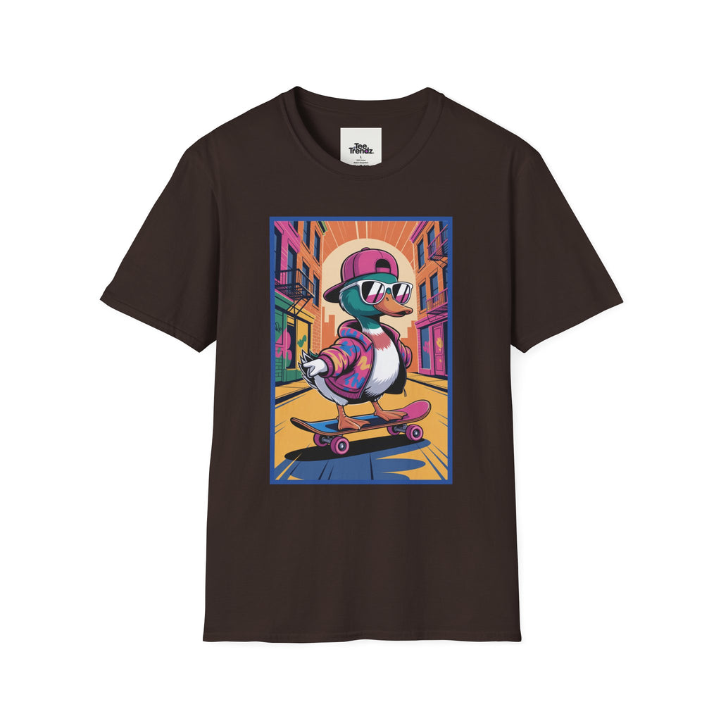 Skateboard Duck Graphic T-Shirt — Retro Streetwear Skateboarder Design