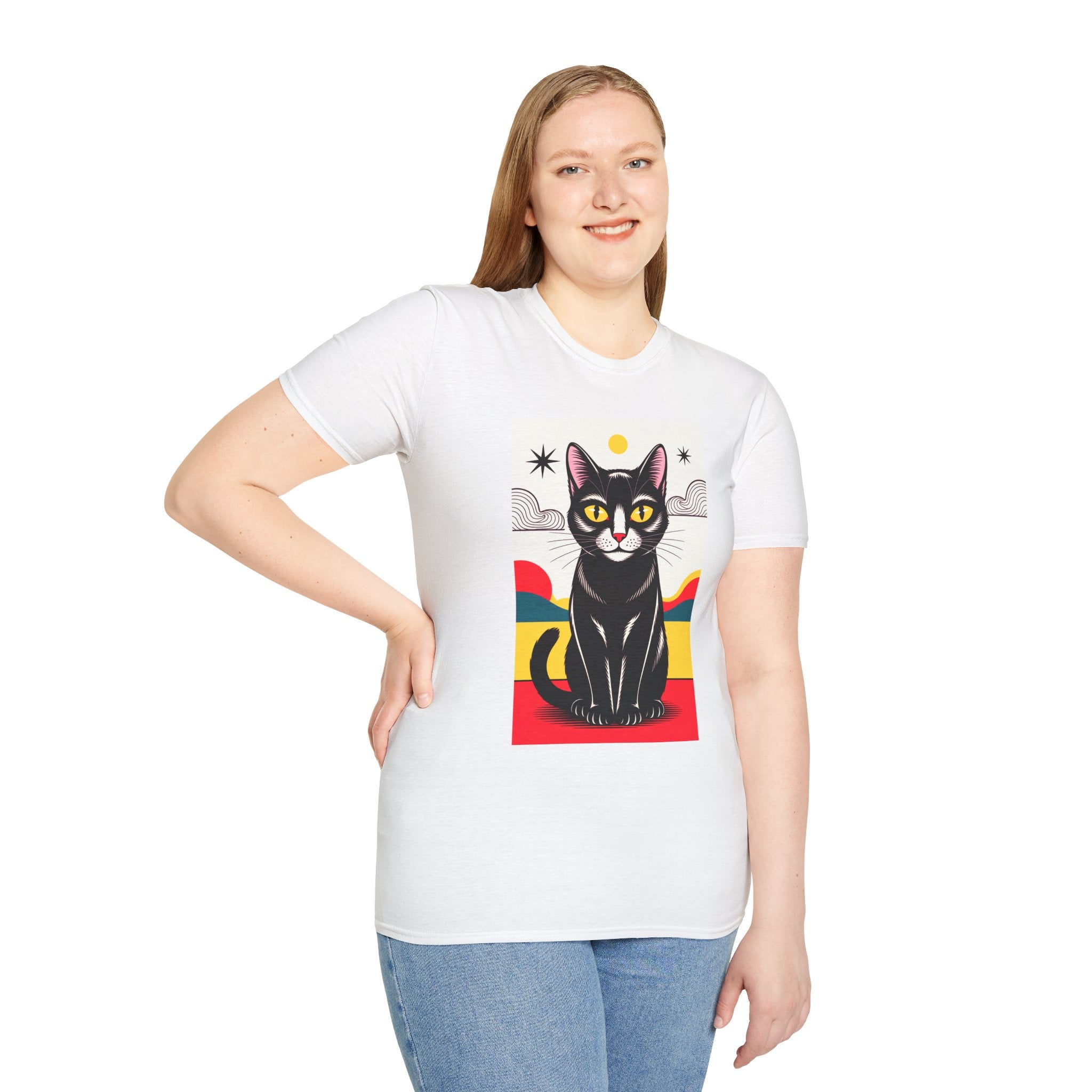 Black Cat Graphic T-Shirt — Retro Sunset Cat Illustration