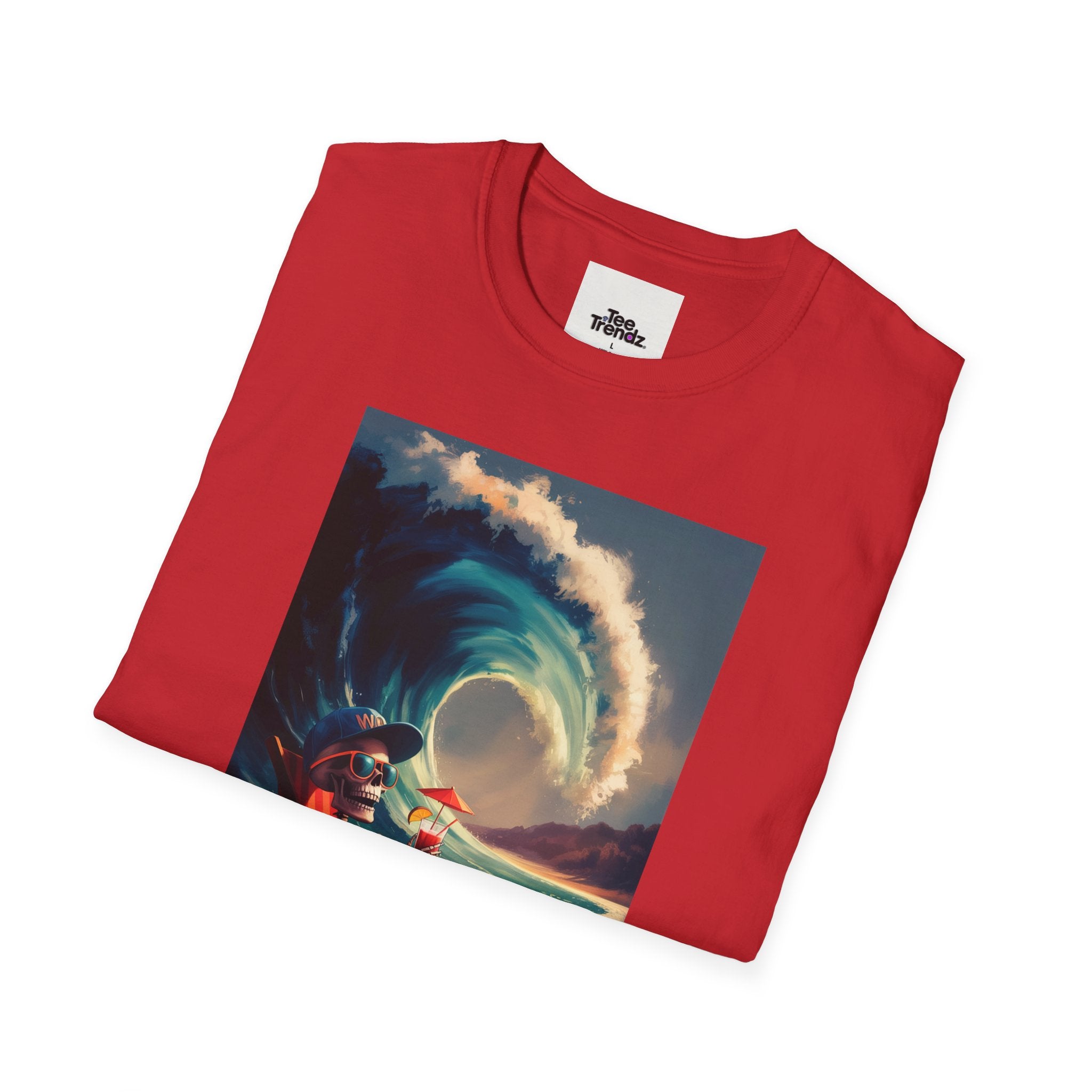 T-Shirt - Retro Beach Surf Scene with Giant Wave and Relaxing Skeleton (Vintage Coastal Vibe)