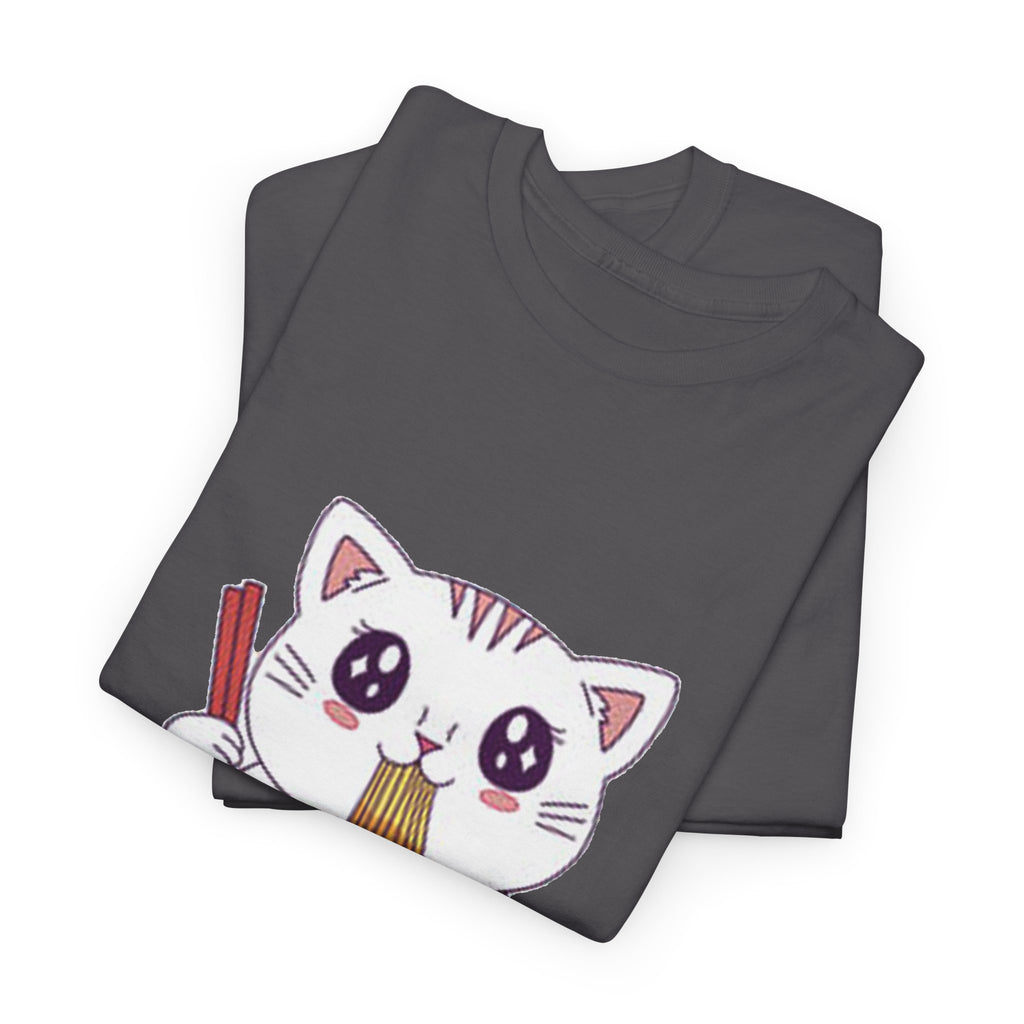 Cute Cat Ramen Tee – Kawaii Kitty Eating Noodles Graphic Shirt