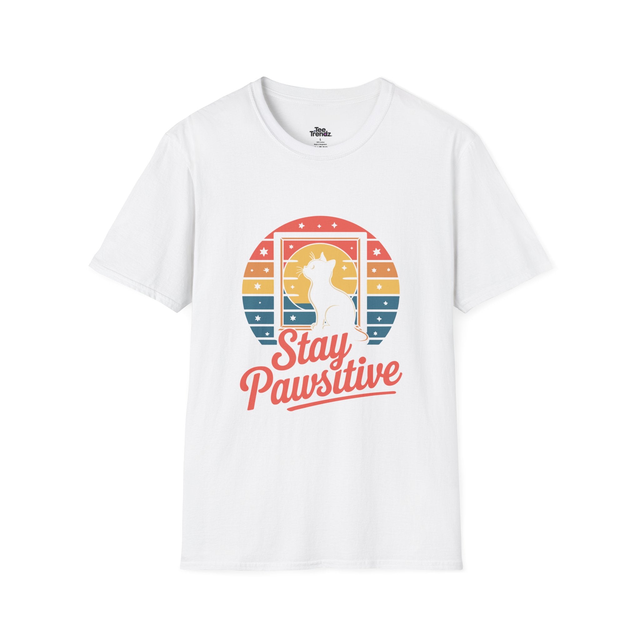 Stay Pawsitive Cat T-Shirt — Retro Rainbow Cat Graphic Tee