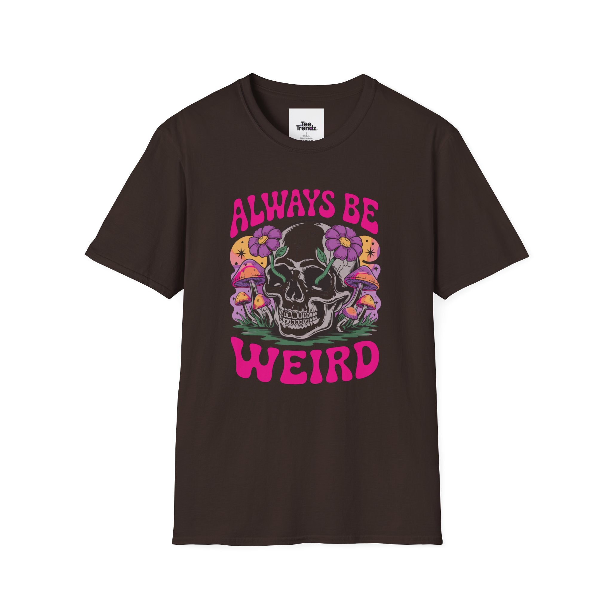 Skull & Mushrooms T-Shirt — "Always Be Weird" Retro Graphic Tee