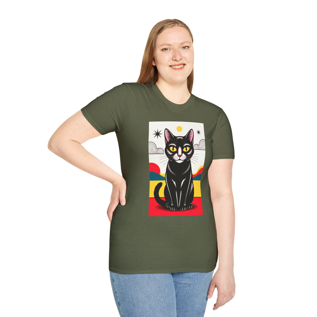 Black Cat Graphic T-Shirt — Retro Sunset Cat Illustration