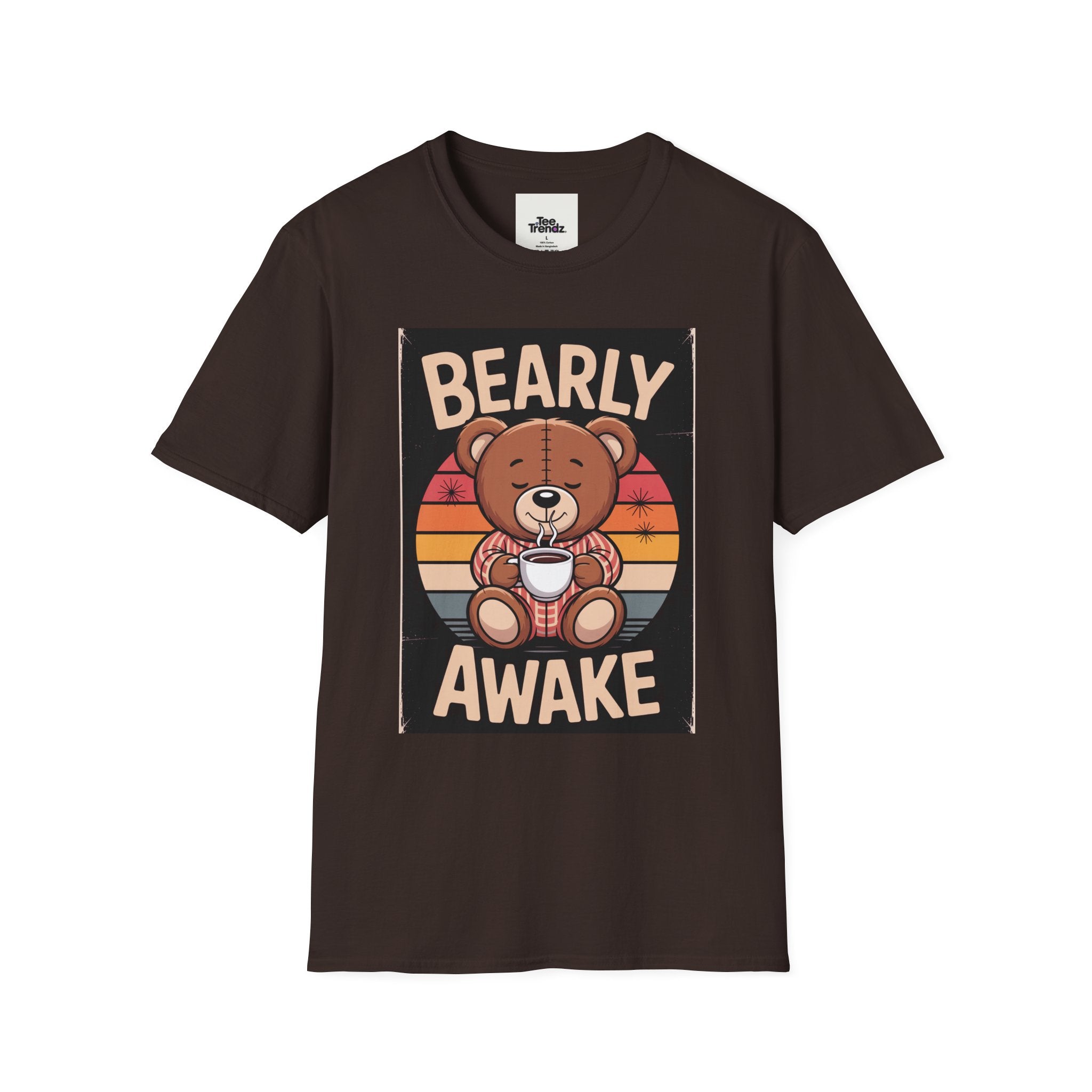Bearly Awake T‑Shirt — Cute Coffee Bear Vintage Sunset Tee