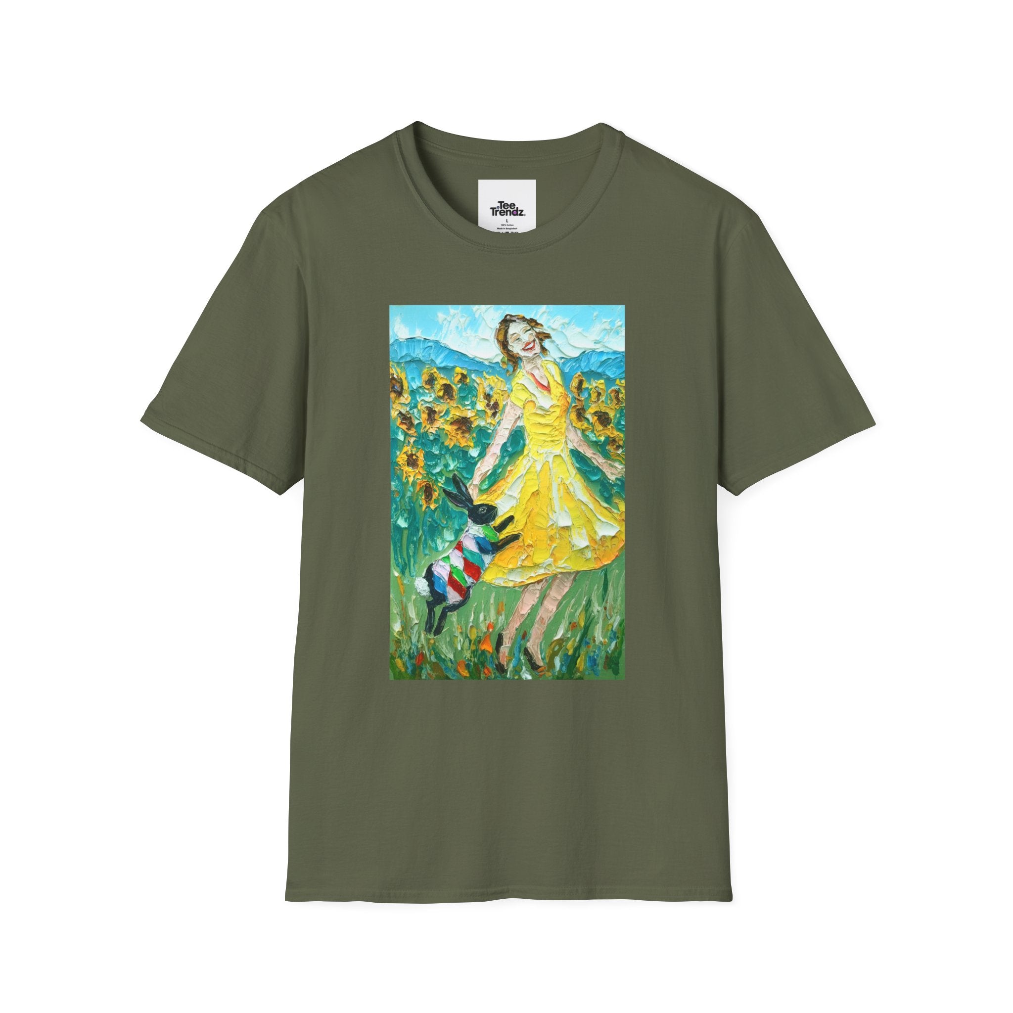 Sunflower Field Dress T-Shirt — Whimsical Girl & Dog Art Tee
