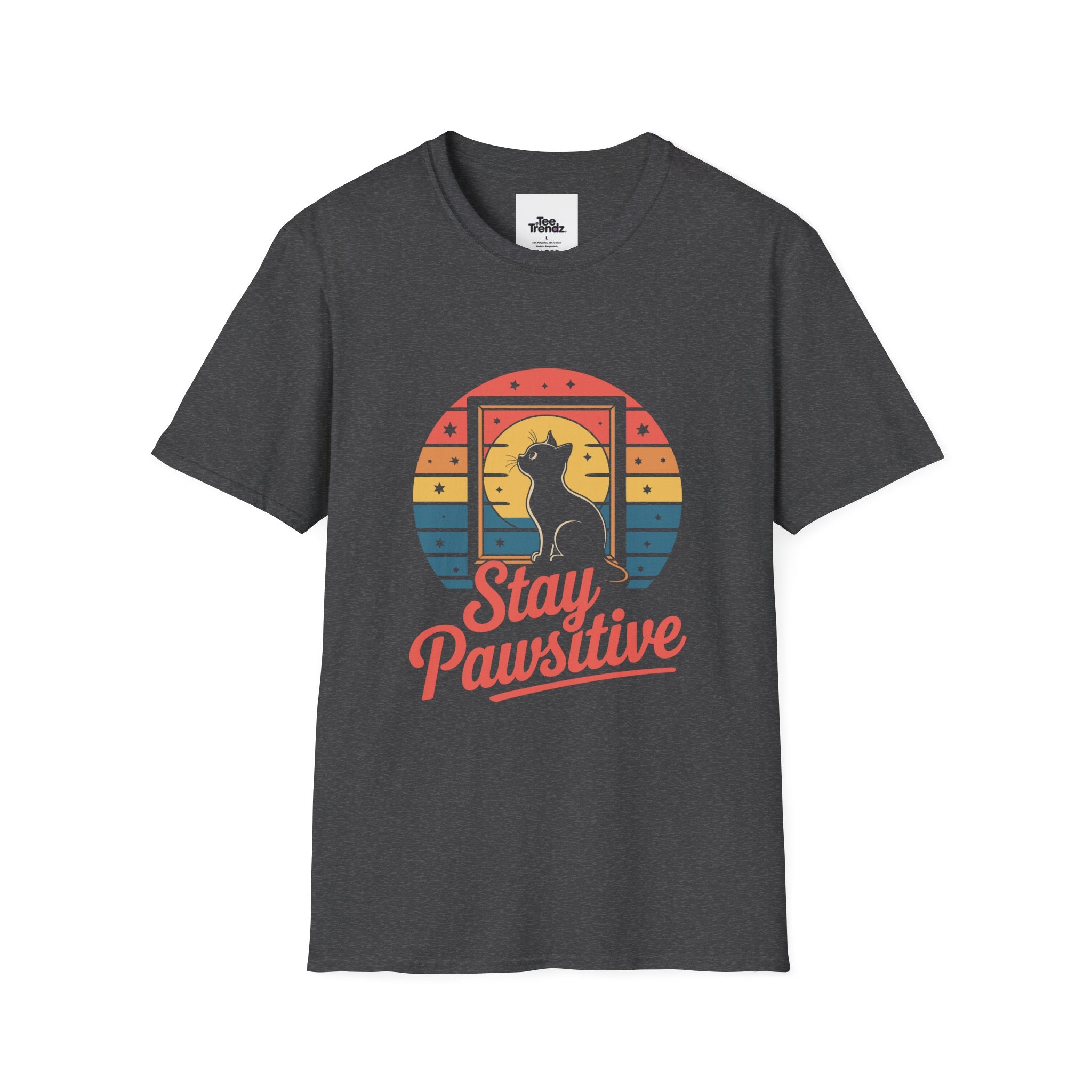Stay Pawsitive Cat T-Shirt — Retro Rainbow Cat Graphic Tee
