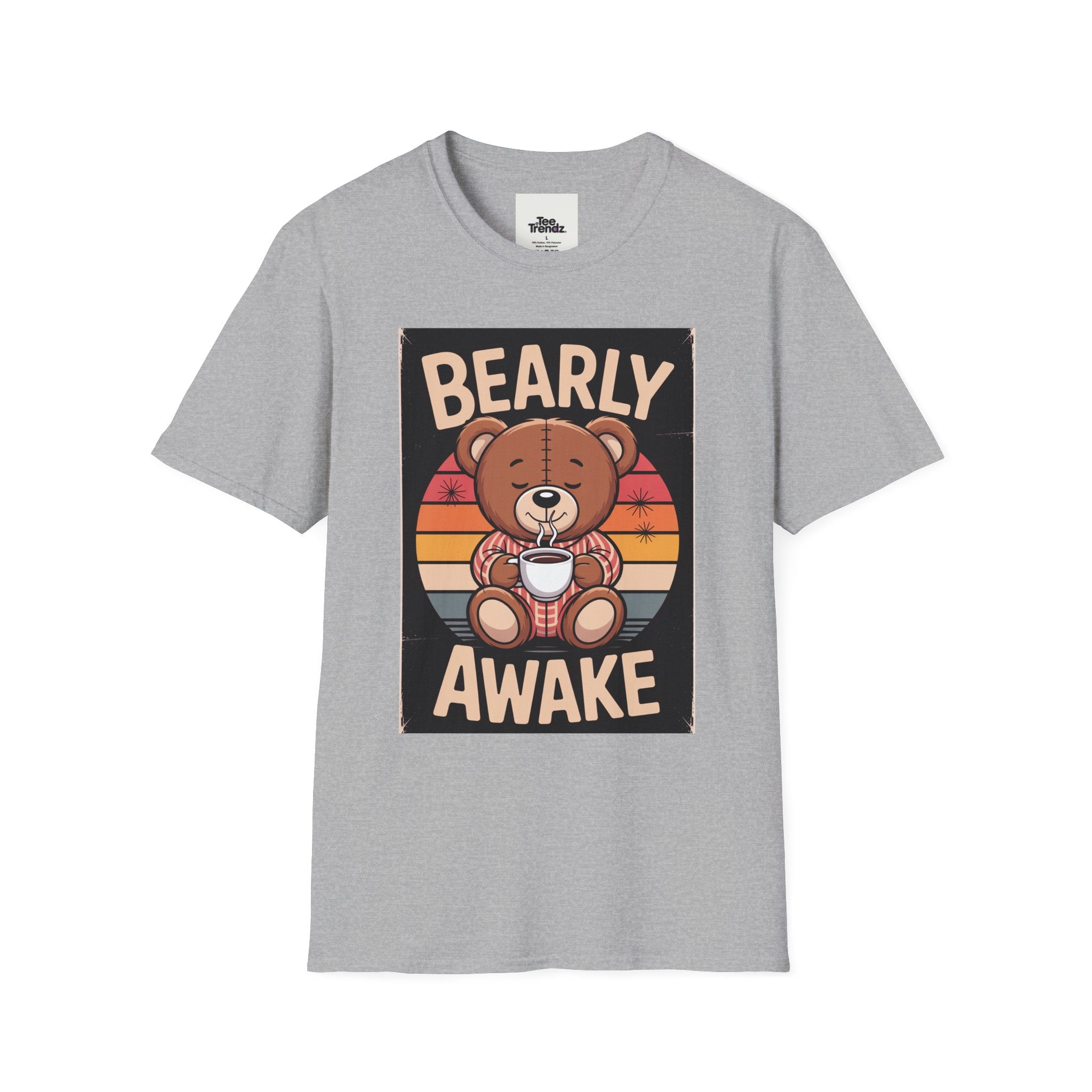Bearly Awake T‑Shirt — Cute Coffee Bear Vintage Sunset Tee