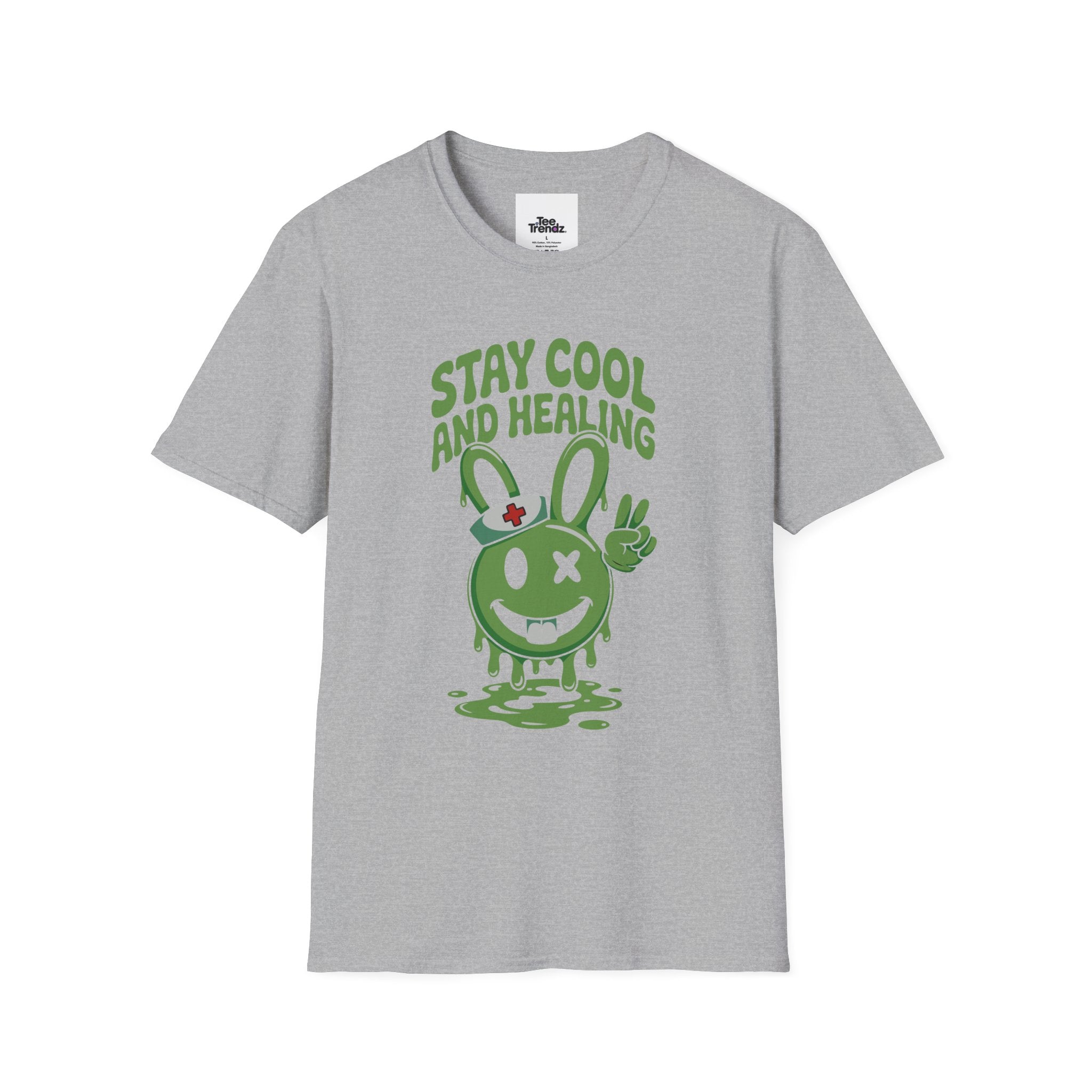 Stay Cool and Healing Graphic T-Shirt — Cute Green Bunny Peace Tee